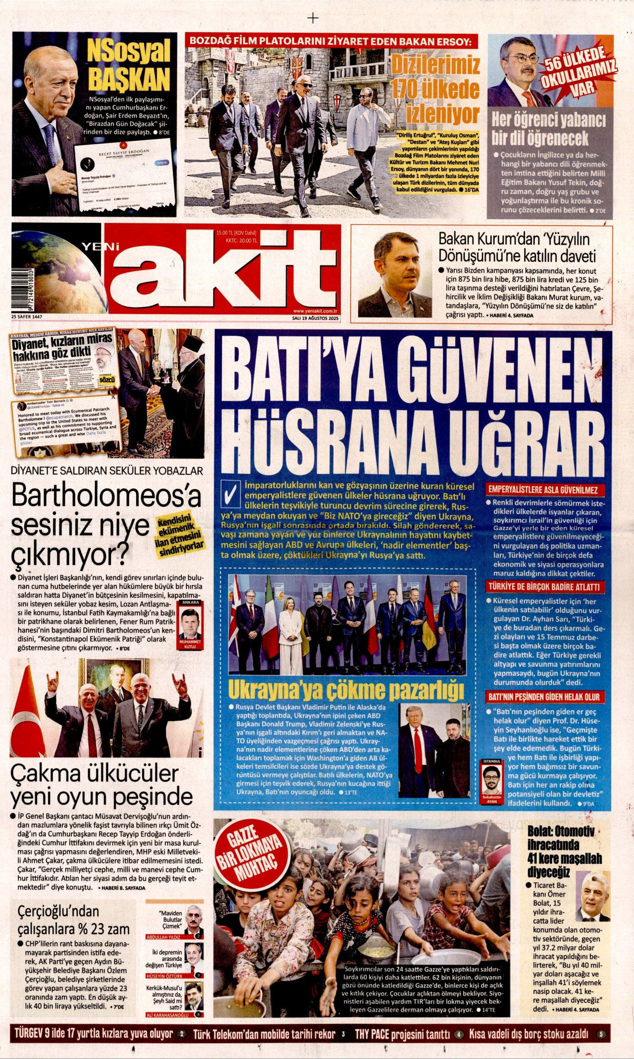 YENİ AKİT gazetesinin 19 Ağustos 2025 tarihli birinci sayfası