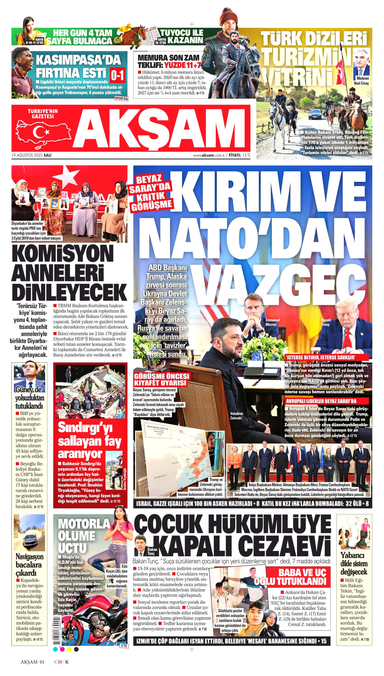 AKŞAM gazetesinin 19 Ağustos 2025 tarihli birinci sayfası