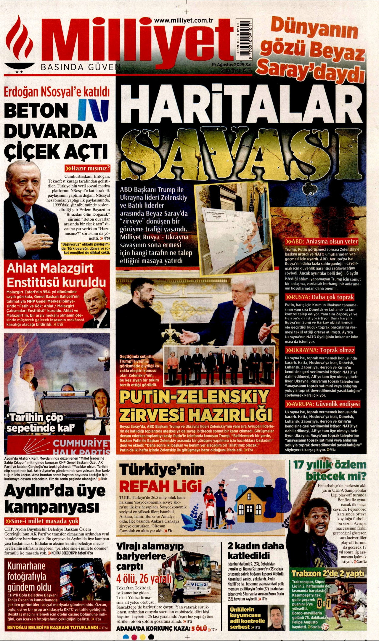 MİLLİYET gazetesinin 19 Ağustos 2025 tarihli birinci sayfası