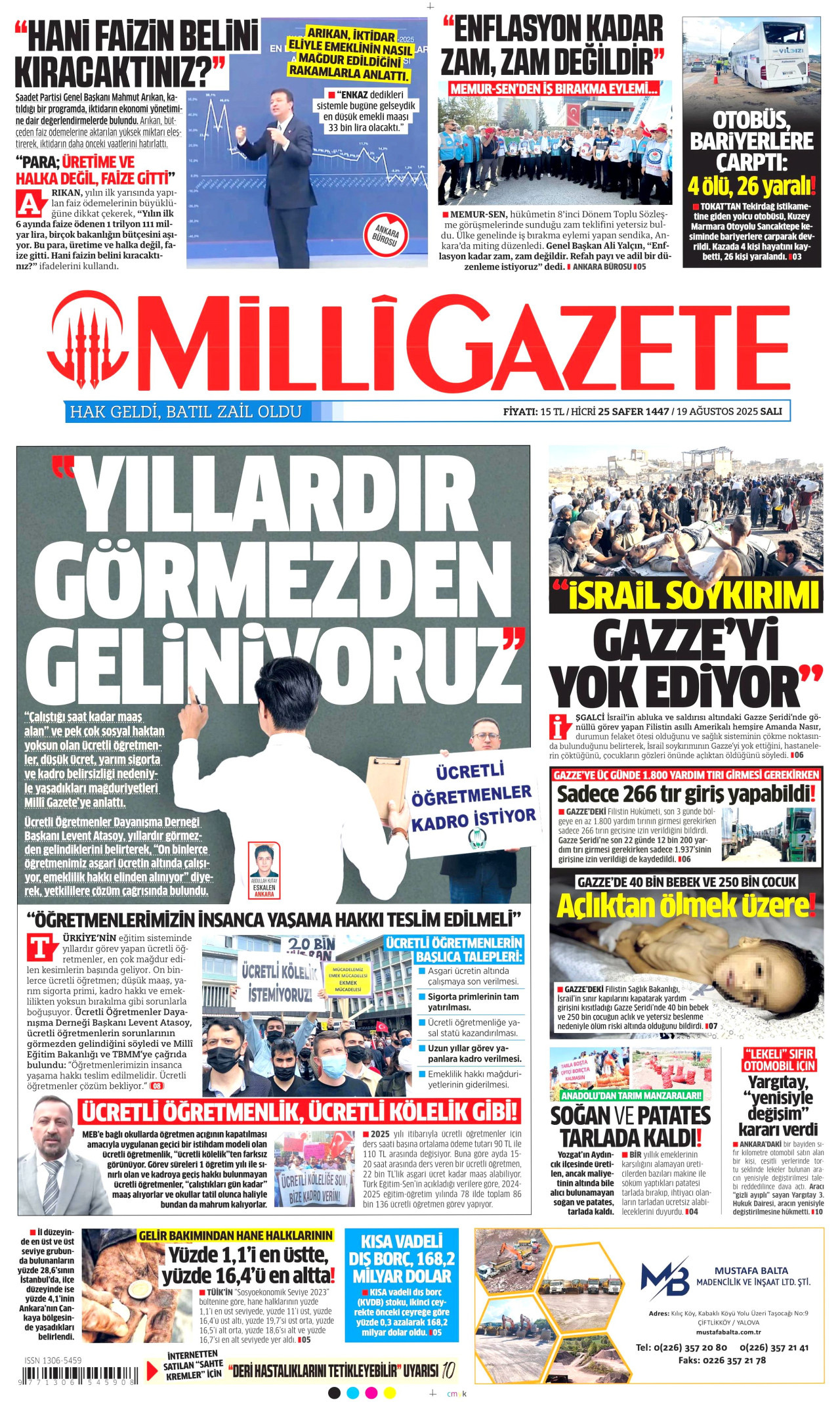 MİLLİ GAZETE gazetesinin 19 Ağustos 2025 tarihli birinci sayfası