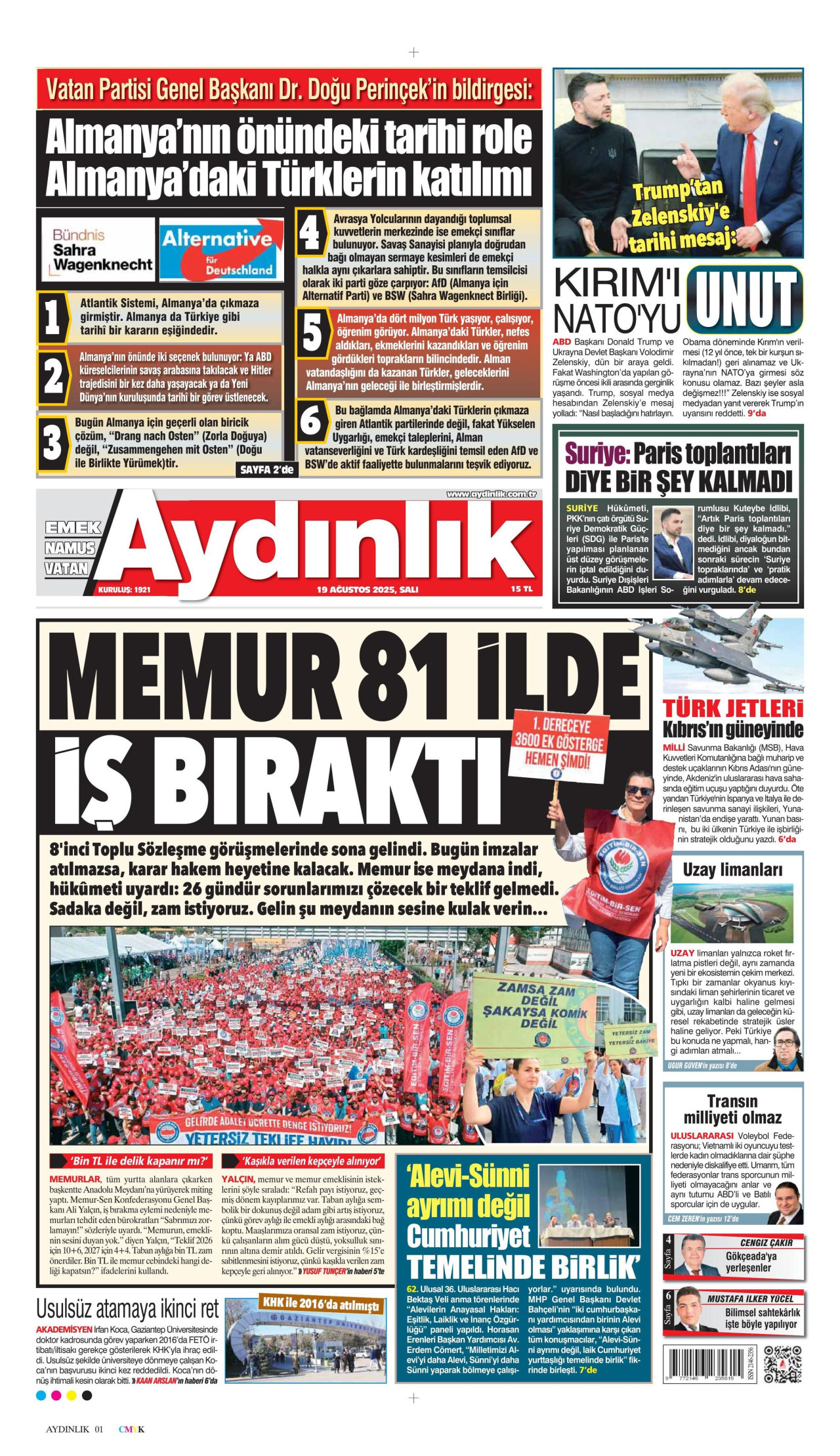 AYDINLIK GAZETESİ gazetesinin 19 Ağustos 2025 tarihli birinci sayfası