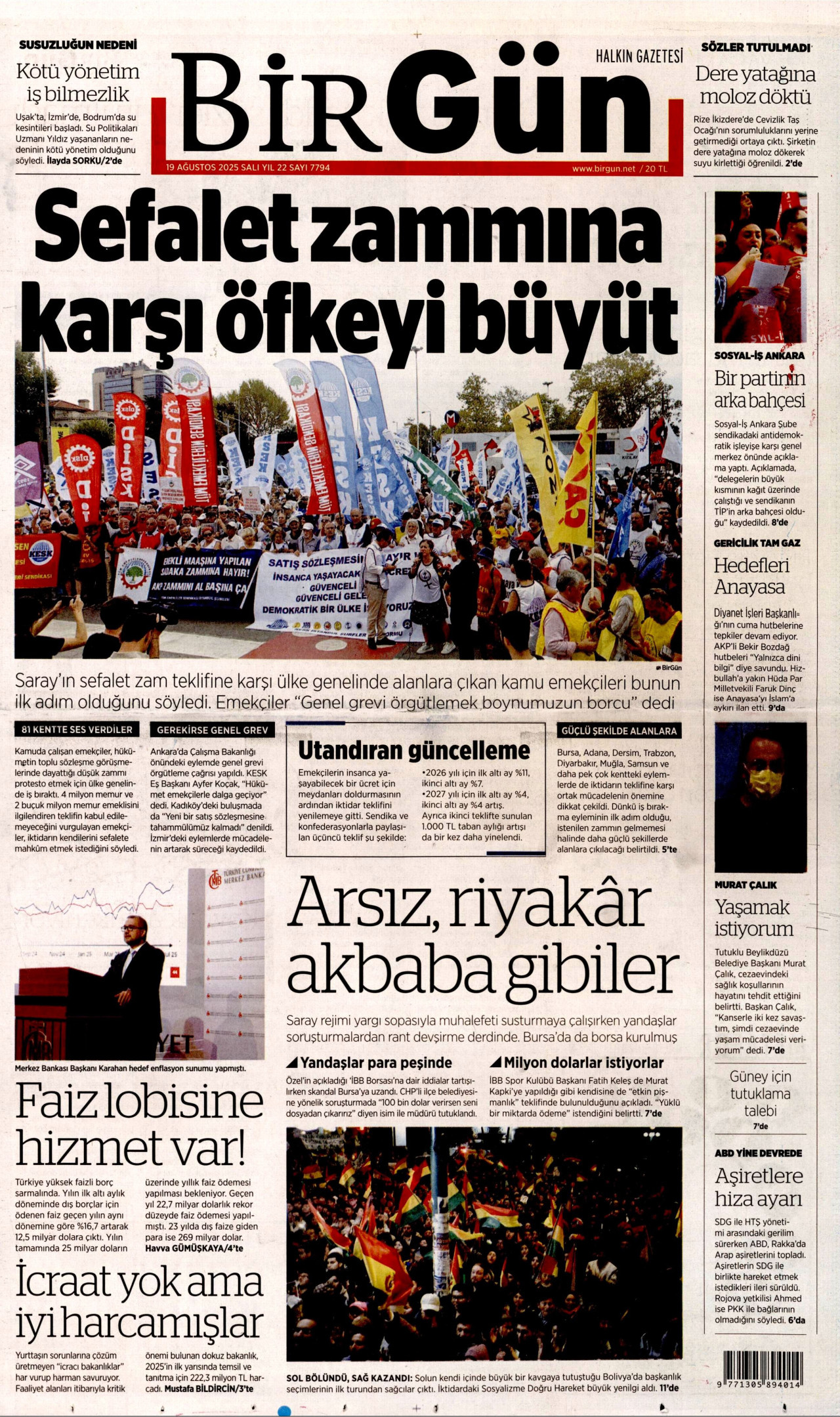 BİRGÜN gazetesinin 19 Ağustos 2025 tarihli birinci sayfası
