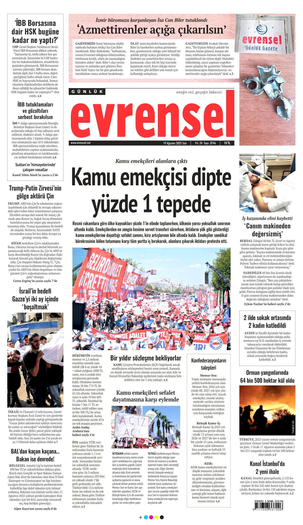 EVRENSEL gazetesinin 19 Ağustos 2025 tarihli birinci sayfası