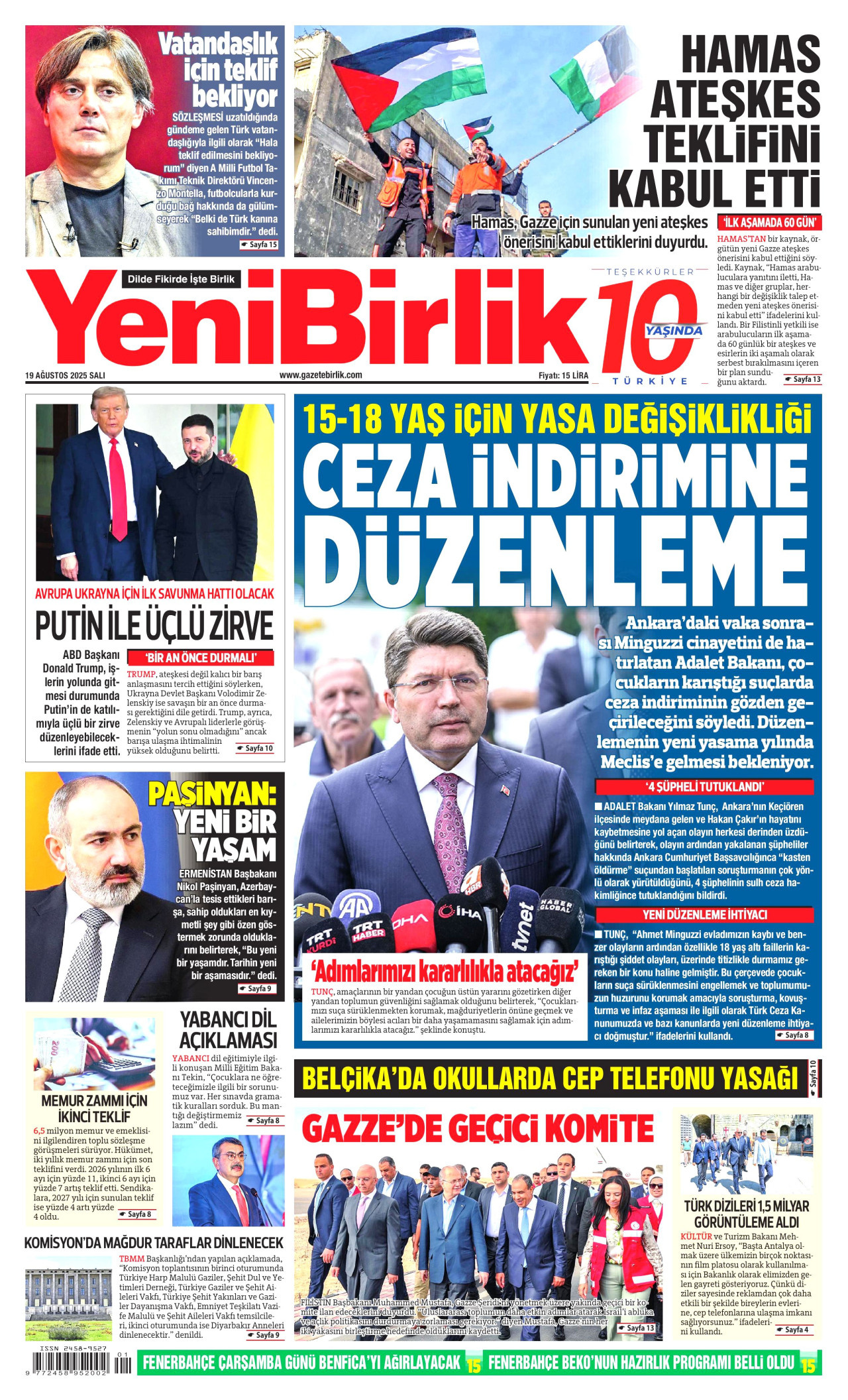 YENİBİRLİK gazetesinin 19 Ağustos 2025 tarihli birinci sayfası