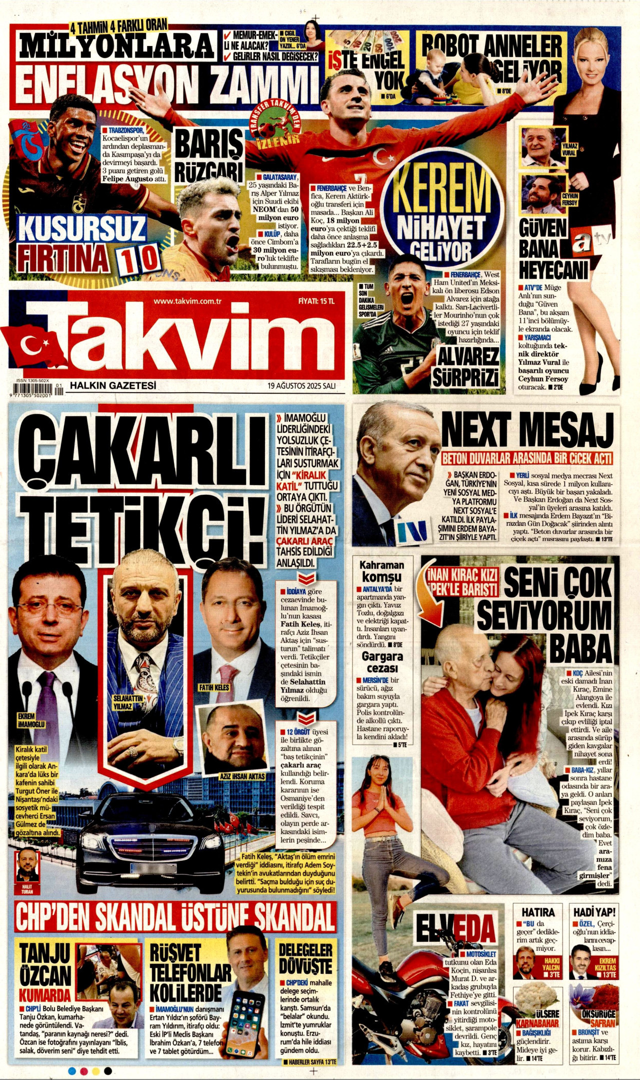 TAKVİM gazetesinin 19 Ağustos 2025 tarihli birinci sayfası