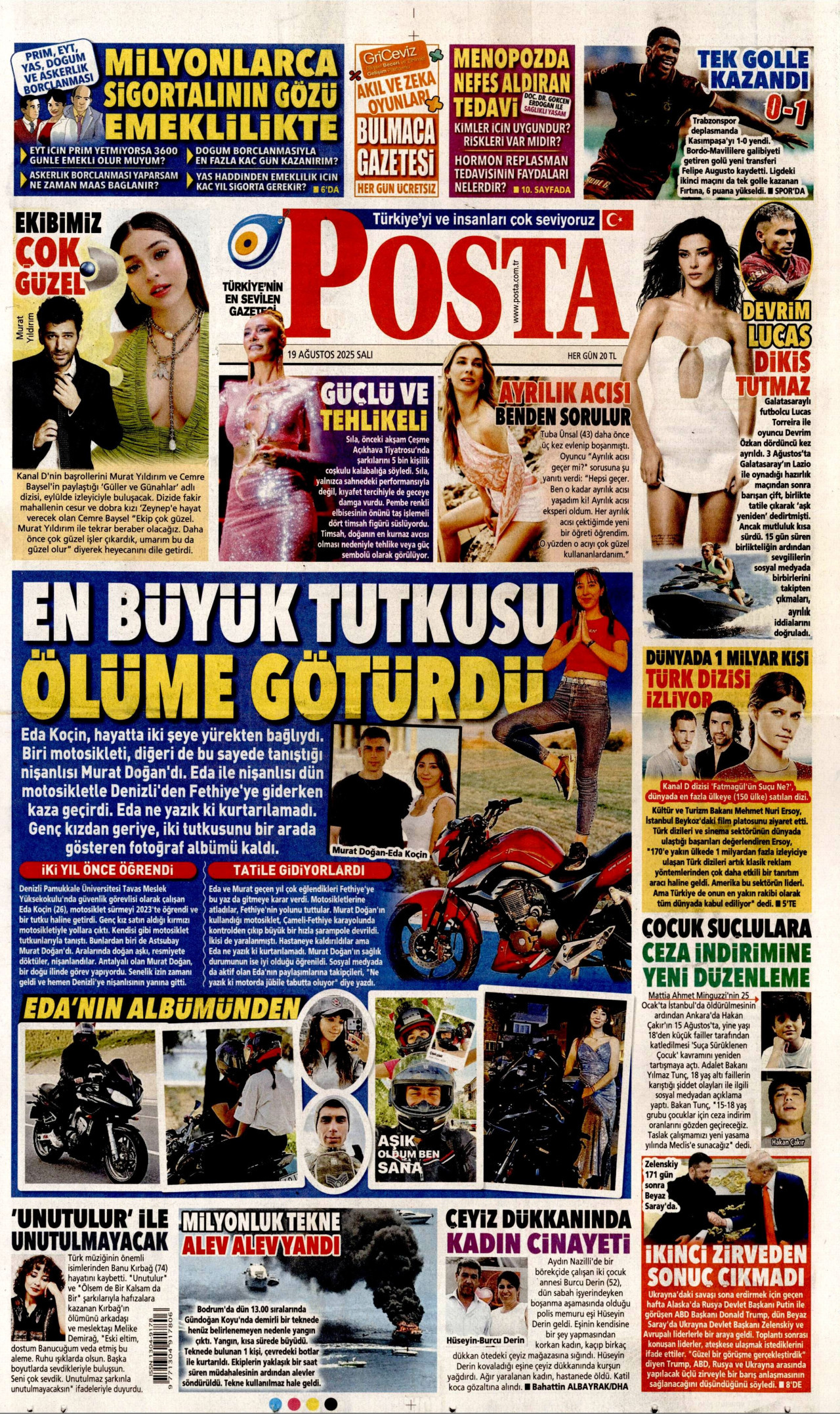 POSTA gazetesinin 19 Ağustos 2025 tarihli birinci sayfası