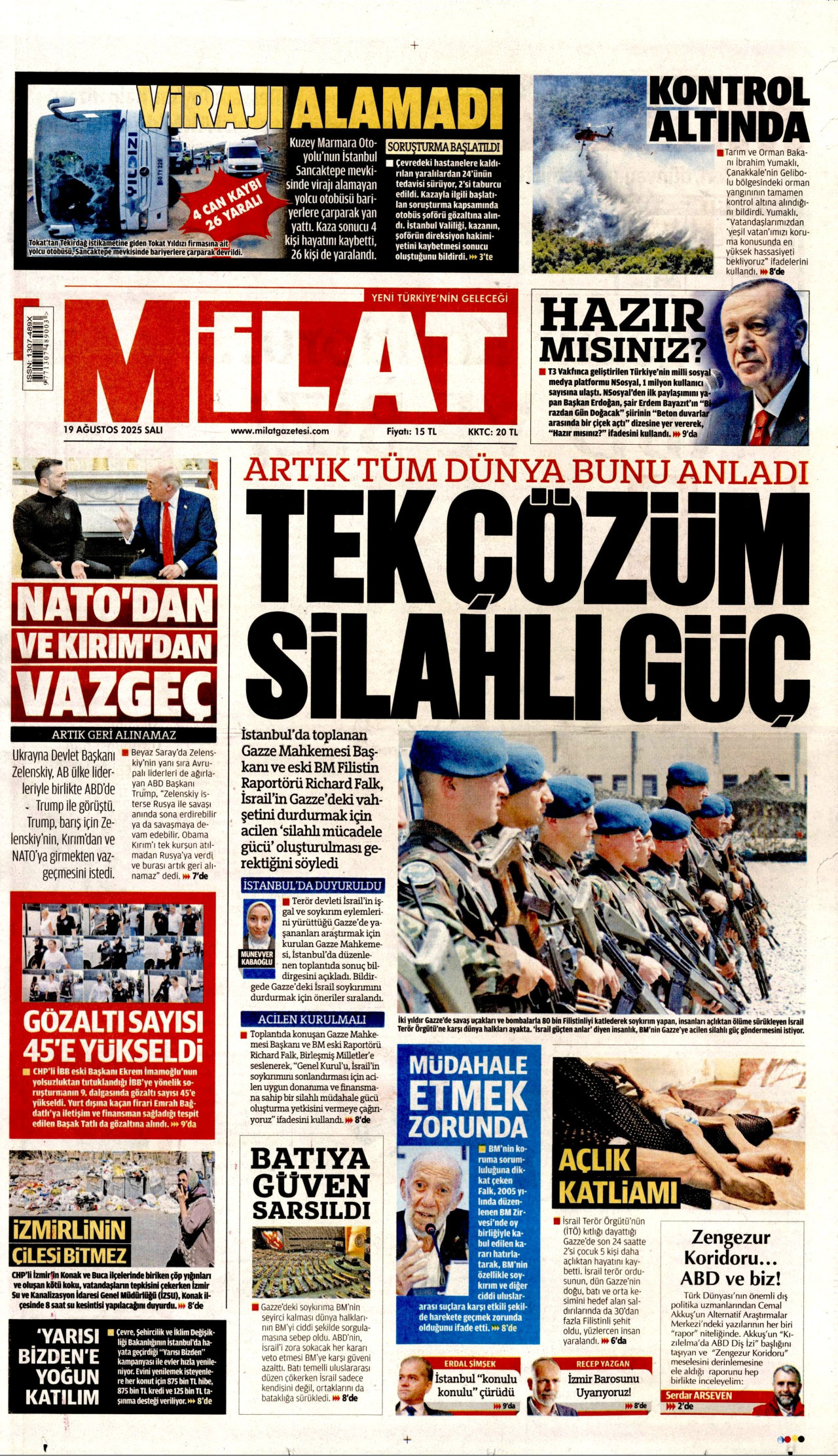 MİLAT gazetesinin 19 Ağustos 2025 tarihli birinci sayfası