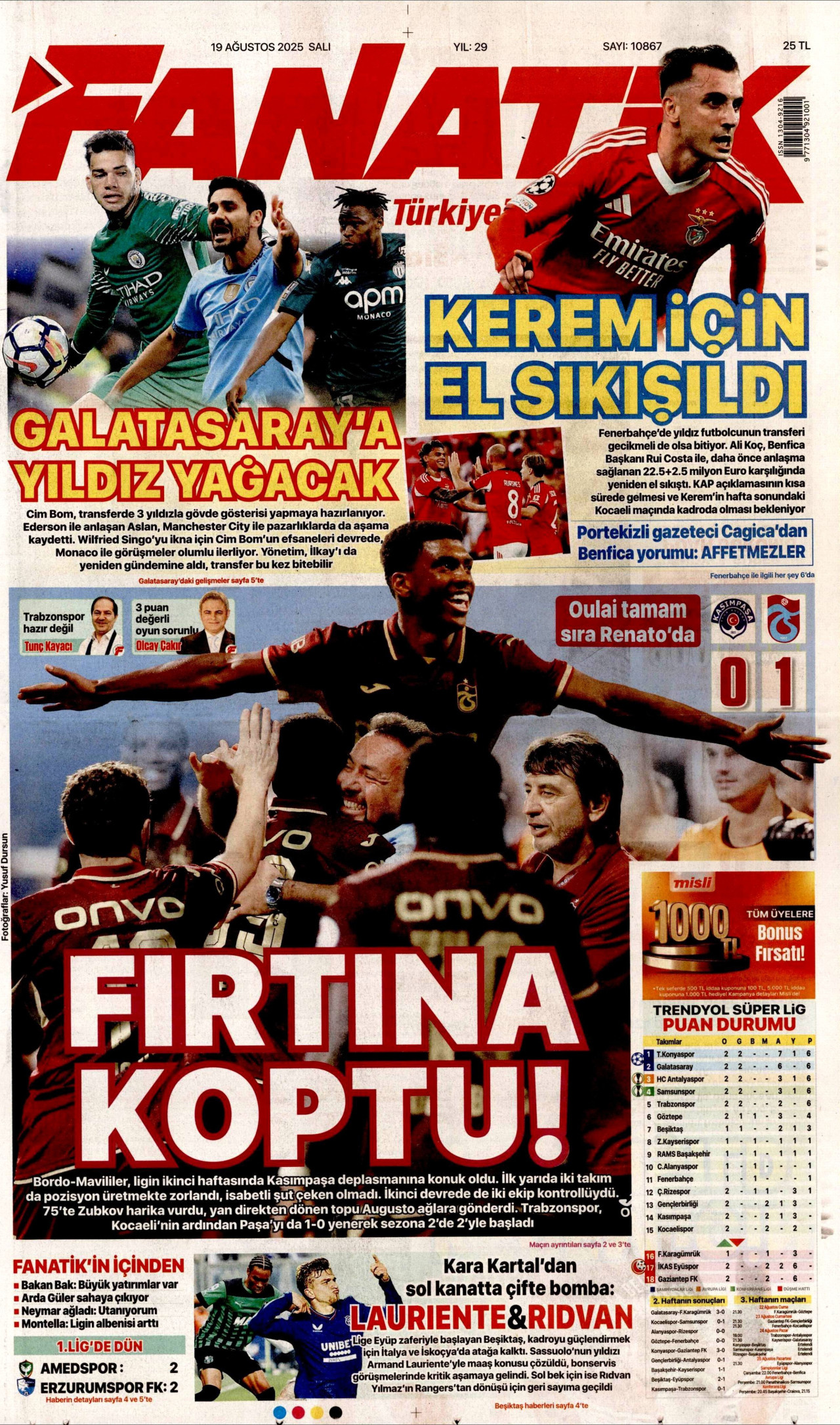FANATİK gazetesinin 19 Ağustos 2025 tarihli birinci sayfası