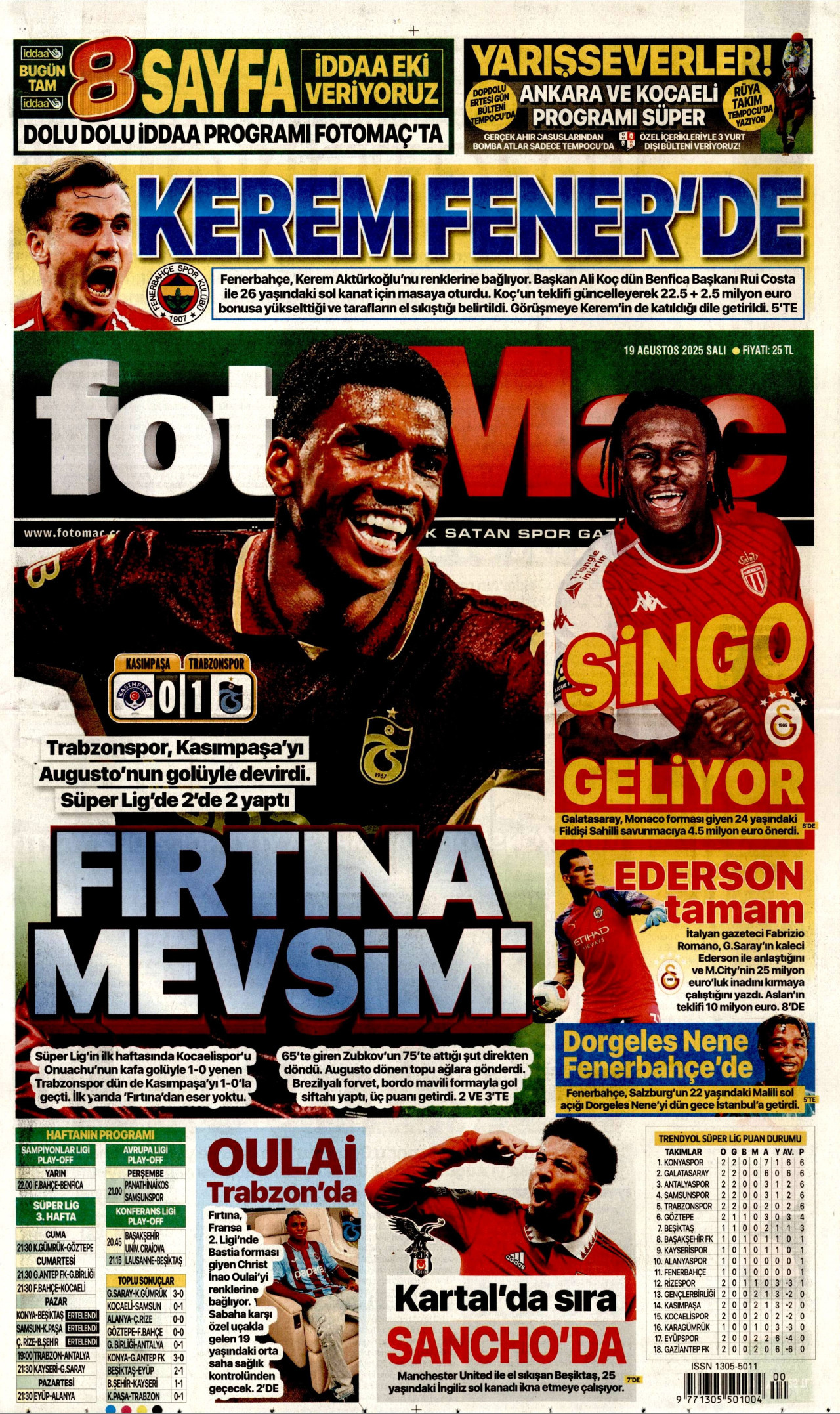 FOTOMAÇ gazetesinin 19 Ağustos 2025 tarihli birinci sayfası