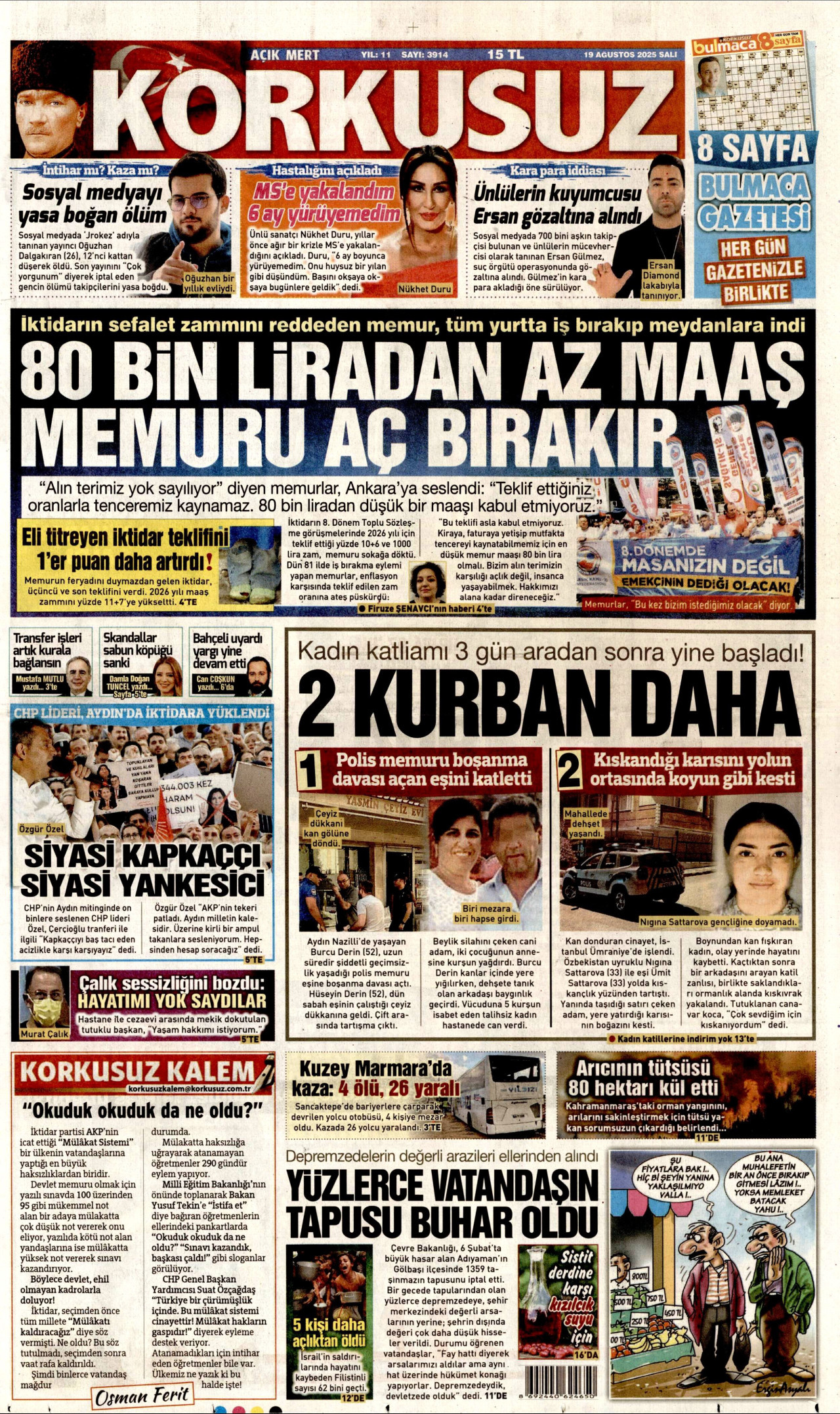 KORKUSUZ gazetesinin 19 Ağustos 2025 tarihli birinci sayfası
