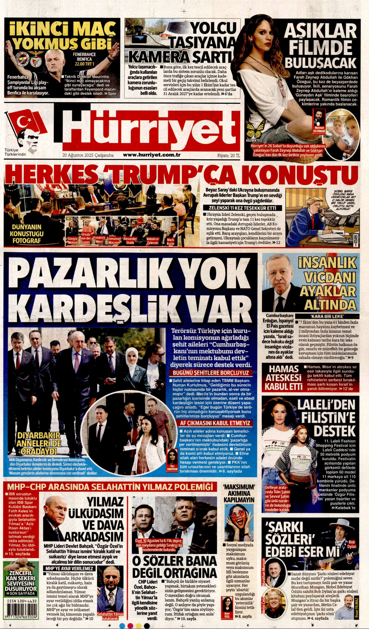 HÜRRİYET gazetesinin 20 Ağustos 2025 tarihli birinci sayfası