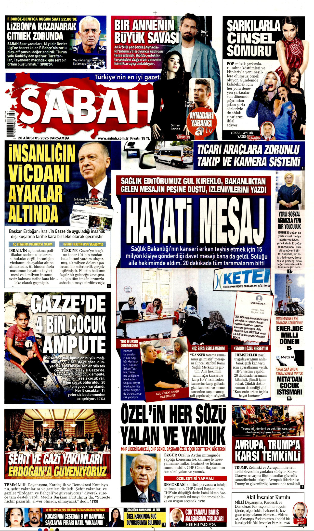 SABAH gazetesinin 20 Ağustos 2025 tarihli birinci sayfası