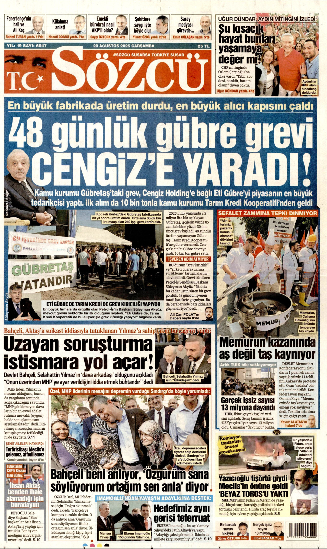 SÖZCÜ gazetesinin 20 Ağustos 2025 tarihli birinci sayfası