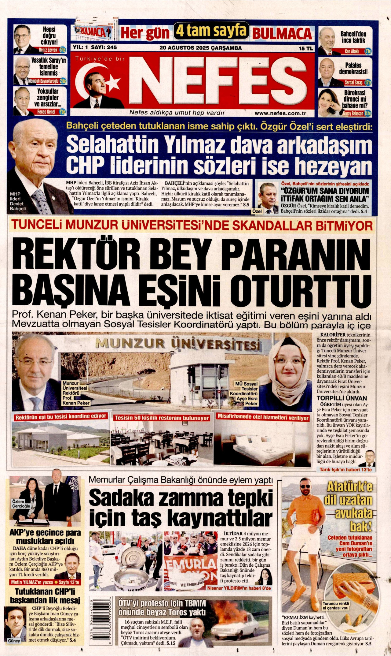 NEFES gazetesinin 20 Ağustos 2025 tarihli birinci sayfası