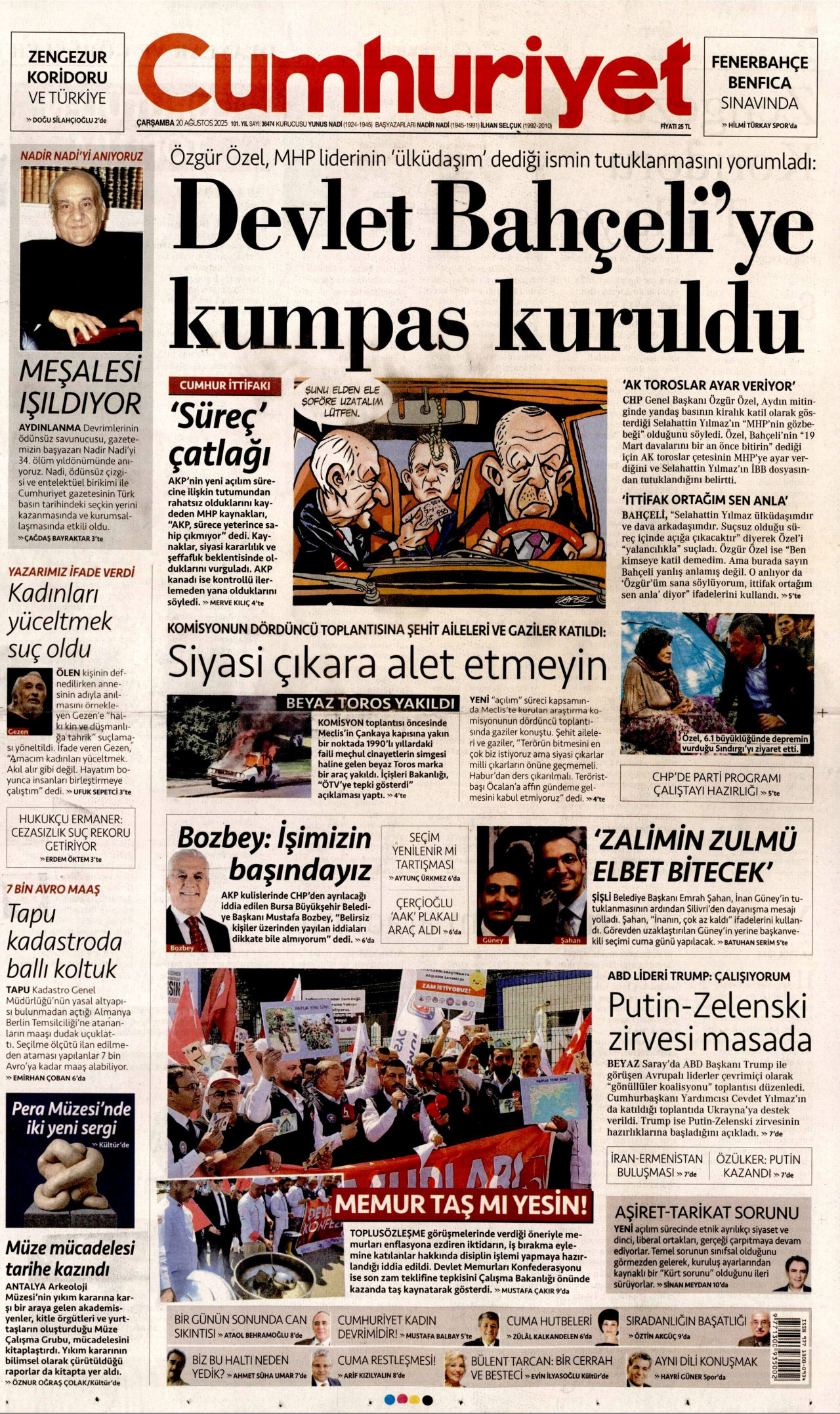 CUMHURİYET gazetesinin 20 Ağustos 2025 tarihli birinci sayfası