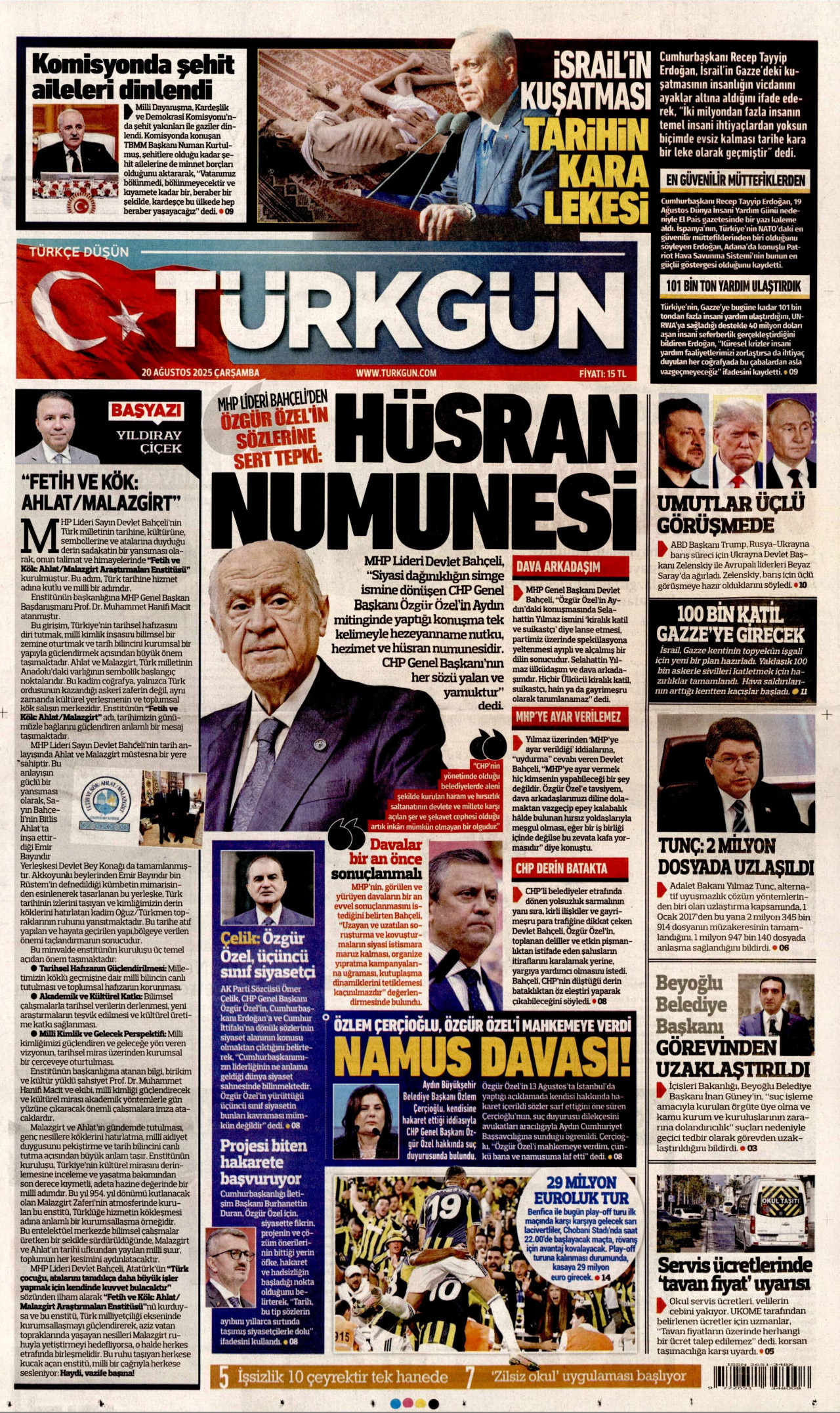 TÜRKGÜN gazetesinin 20 Ağustos 2025 tarihli birinci sayfası
