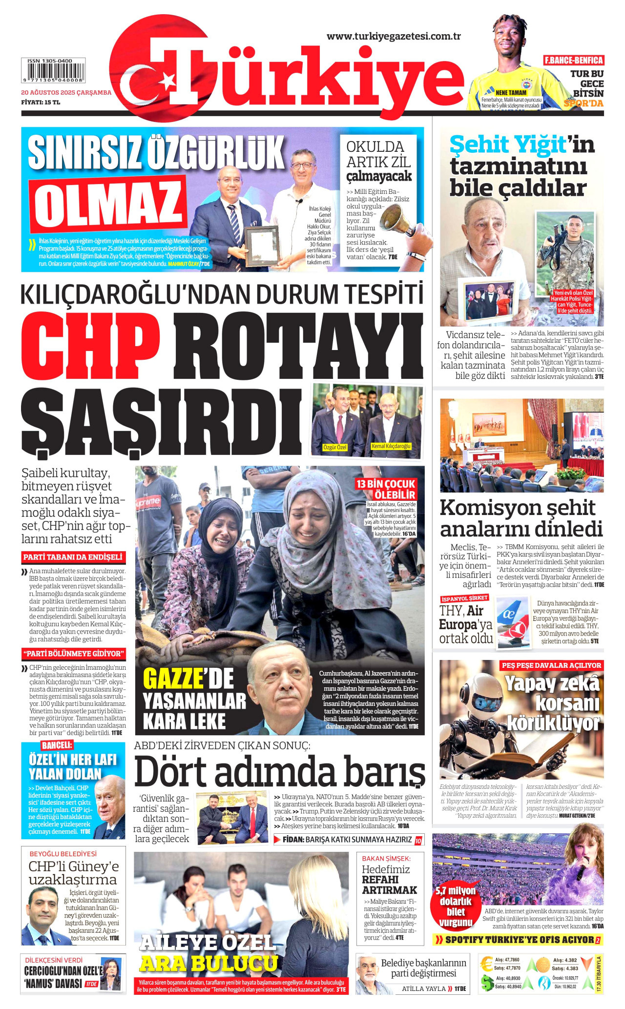 TÜRKİYE GAZETESİ gazetesinin 20 Ağustos 2025 tarihli birinci sayfası