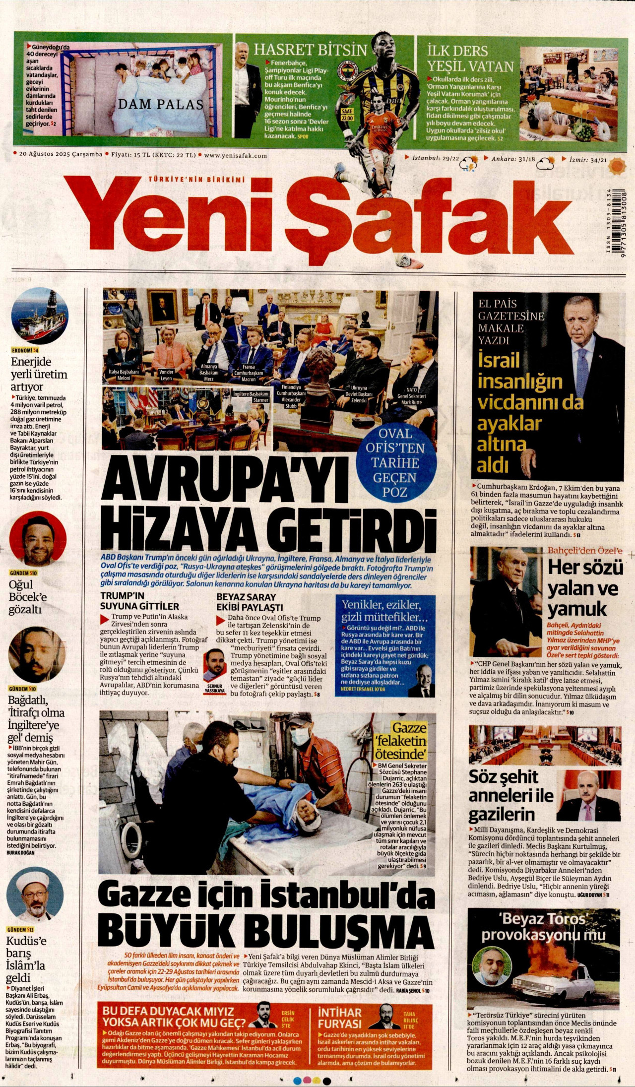 YENİ ŞAFAK gazetesinin 20 Ağustos 2025 tarihli birinci sayfası
