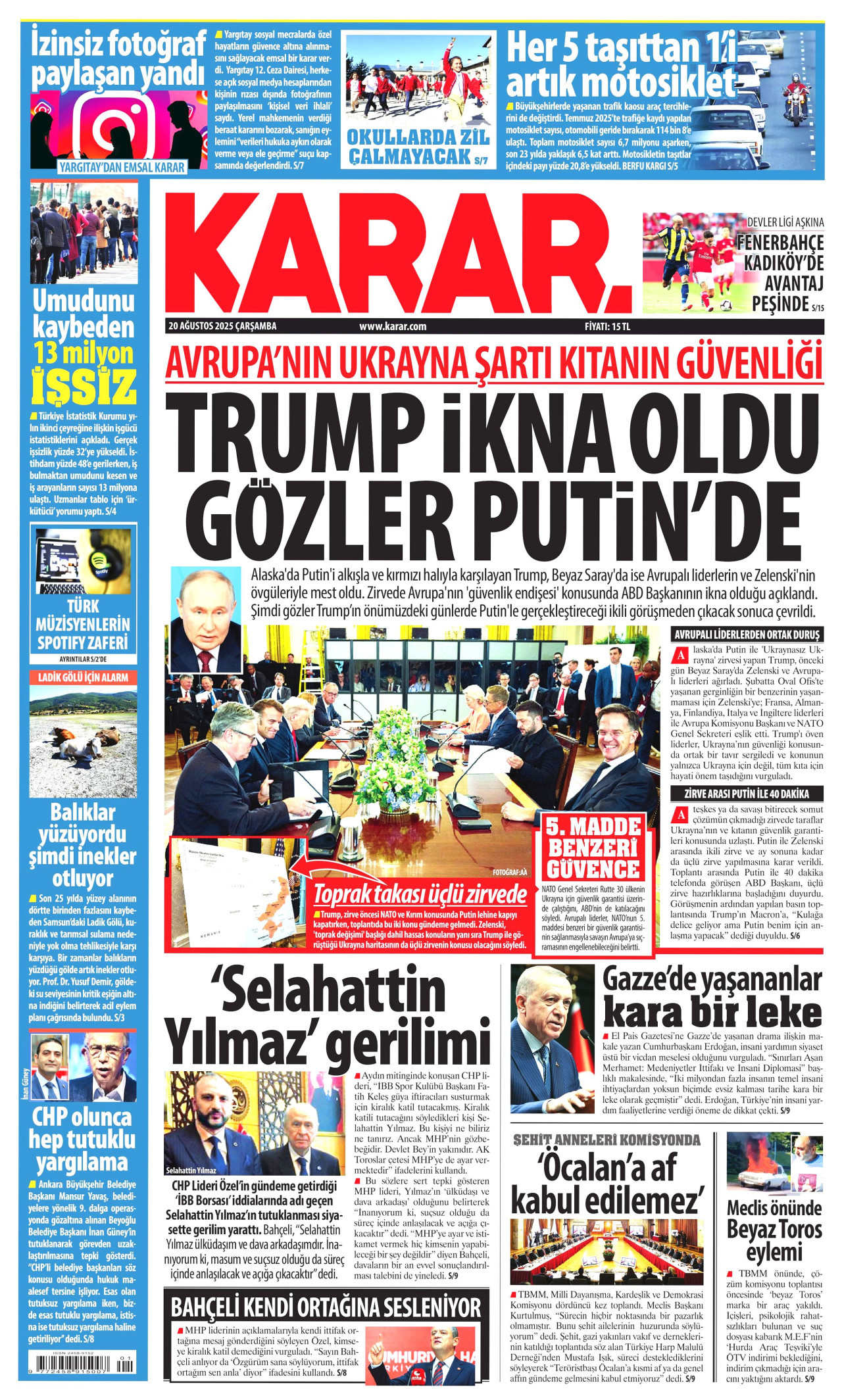 KARAR gazetesinin 20 Ağustos 2025 tarihli birinci sayfası