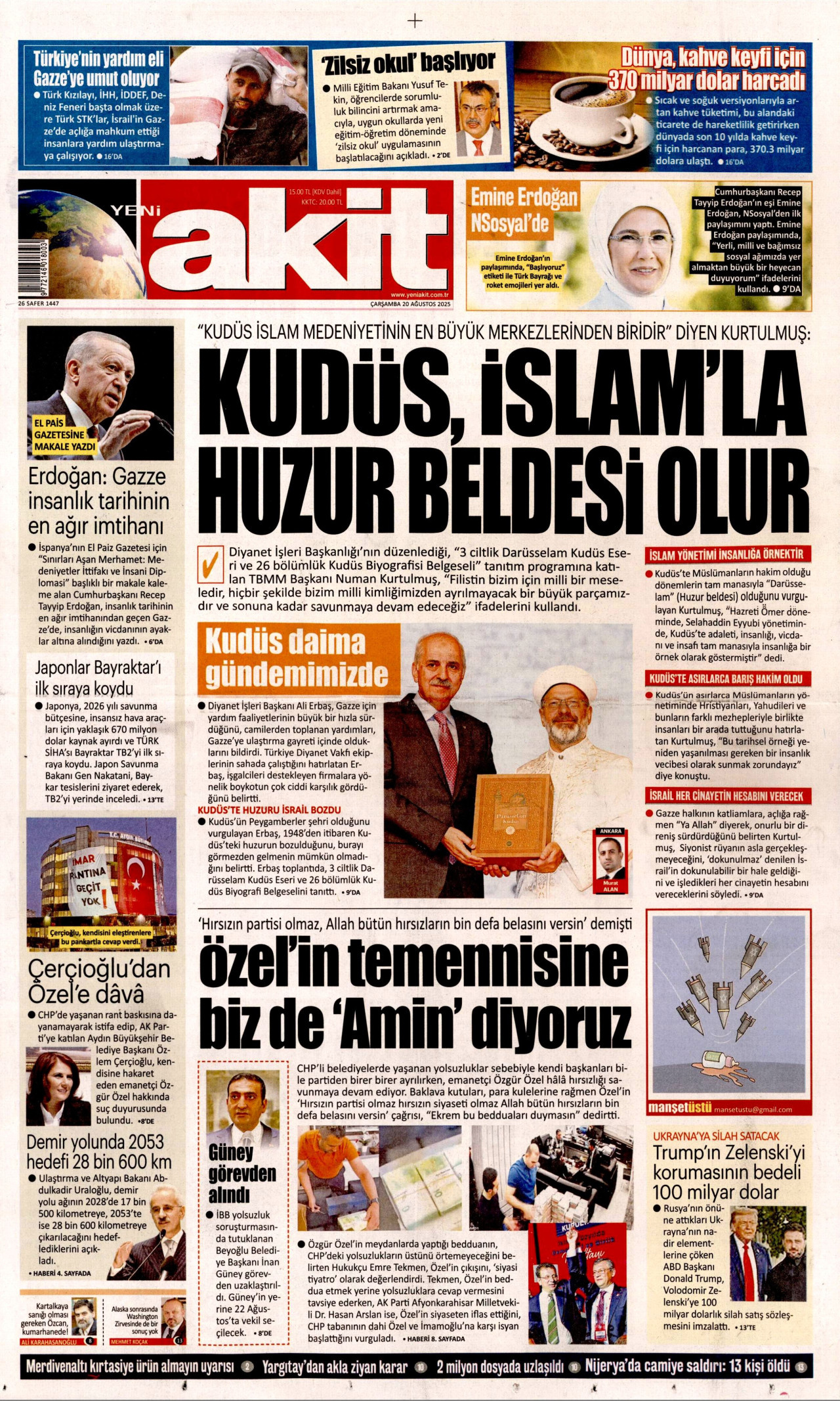 YENİ AKİT gazetesinin 20 Ağustos 2025 tarihli birinci sayfası