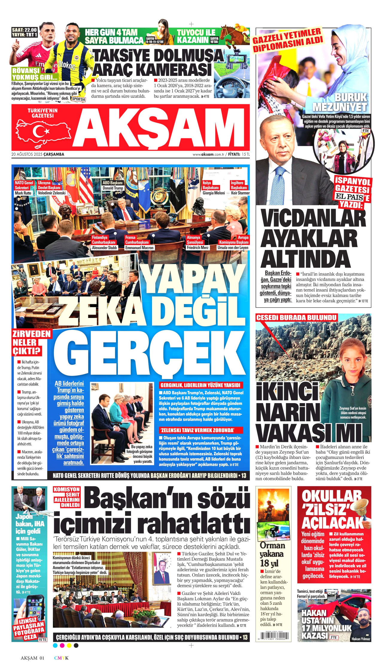 AKŞAM gazetesinin 20 Ağustos 2025 tarihli birinci sayfası