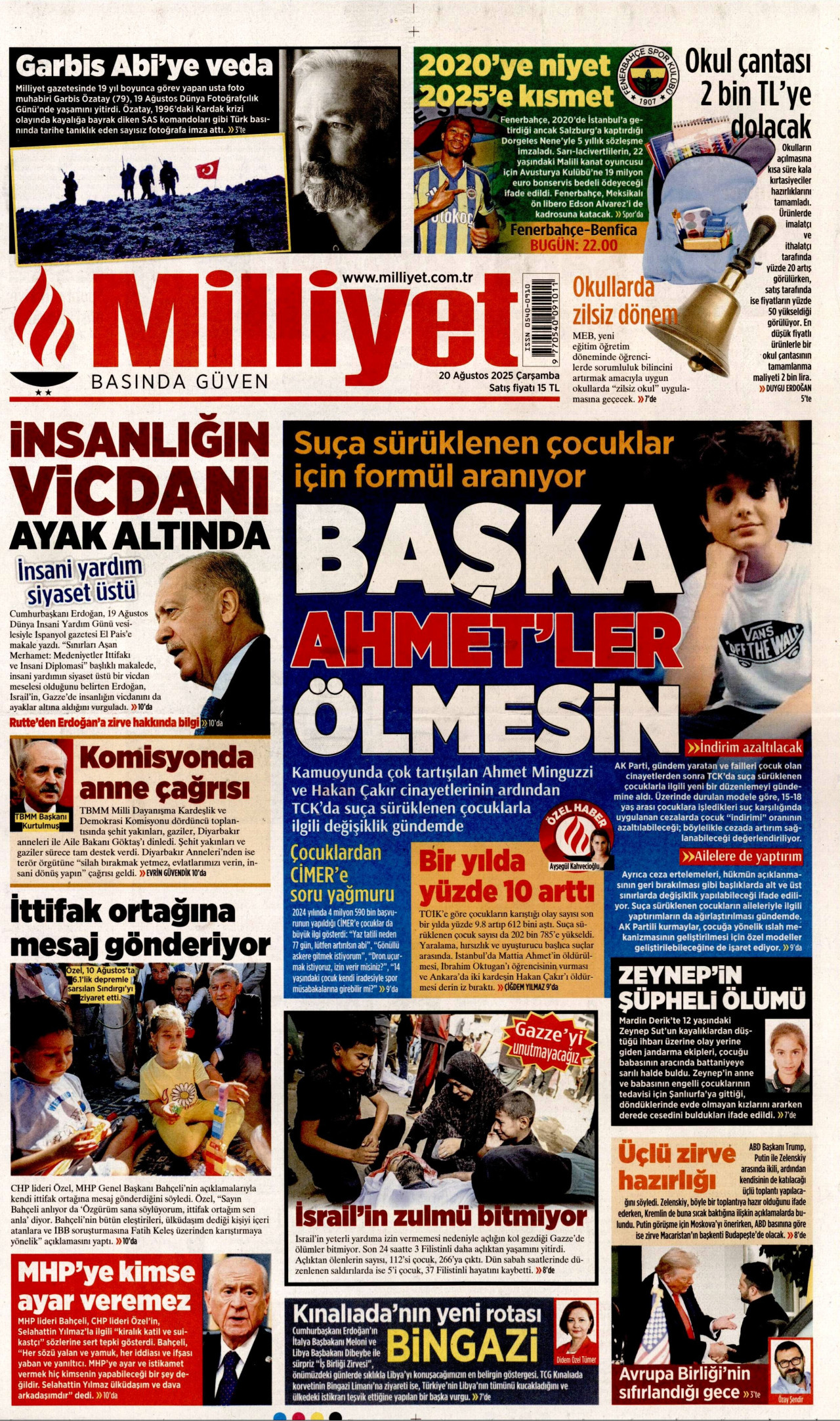 MİLLİYET gazetesinin 20 Ağustos 2025 tarihli birinci sayfası