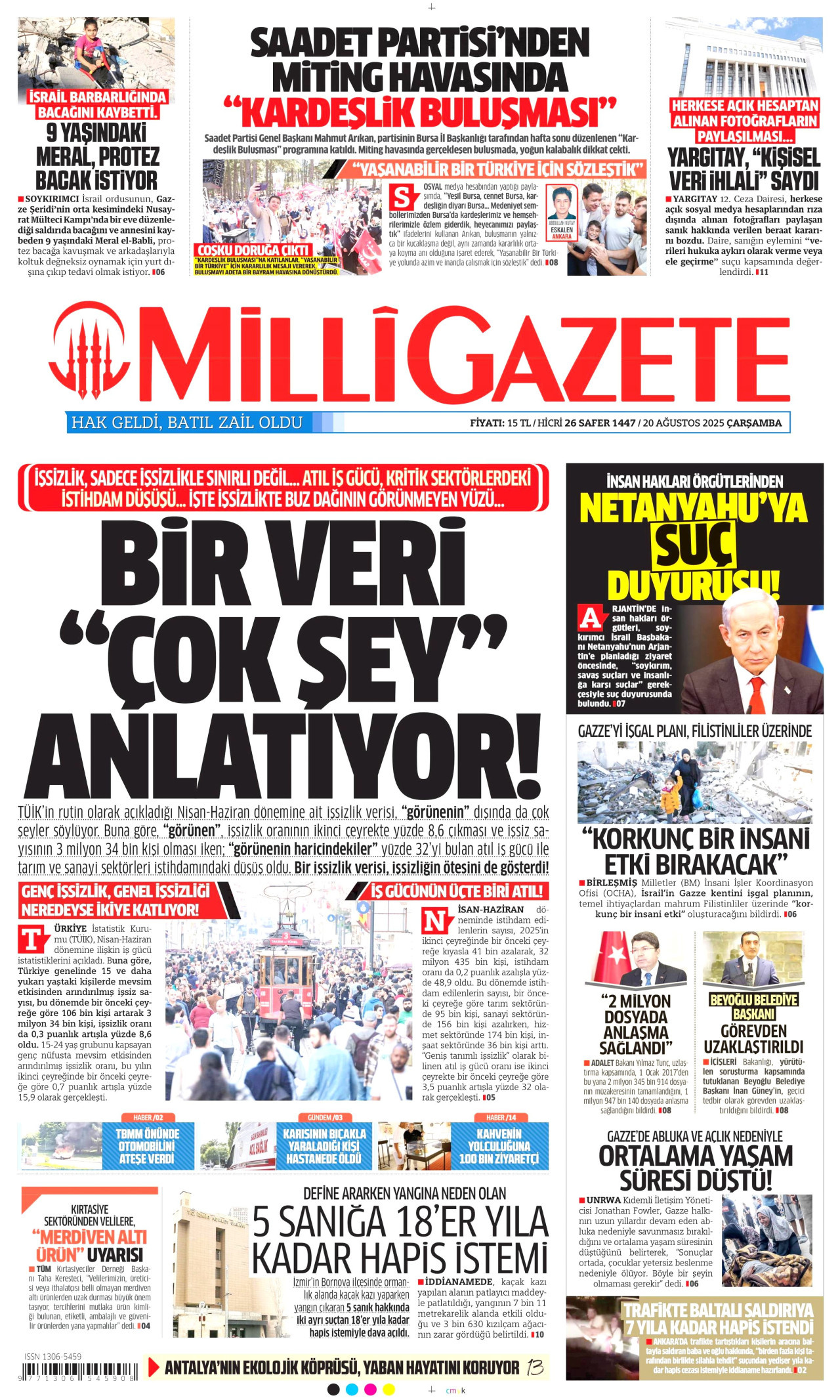 MİLLİ GAZETE gazetesinin 20 Ağustos 2025 tarihli birinci sayfası