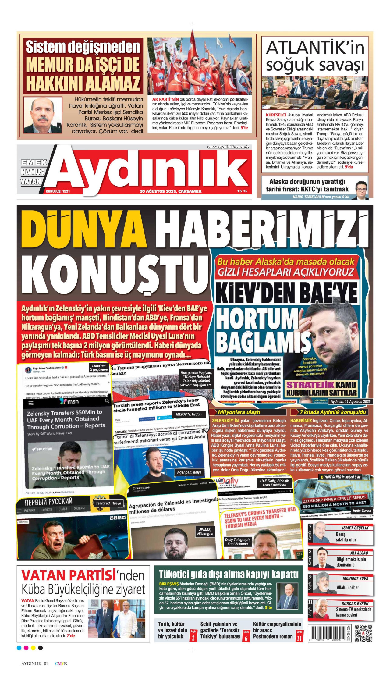 AYDINLIK GAZETESİ gazetesinin 20 Ağustos 2025 tarihli birinci sayfası