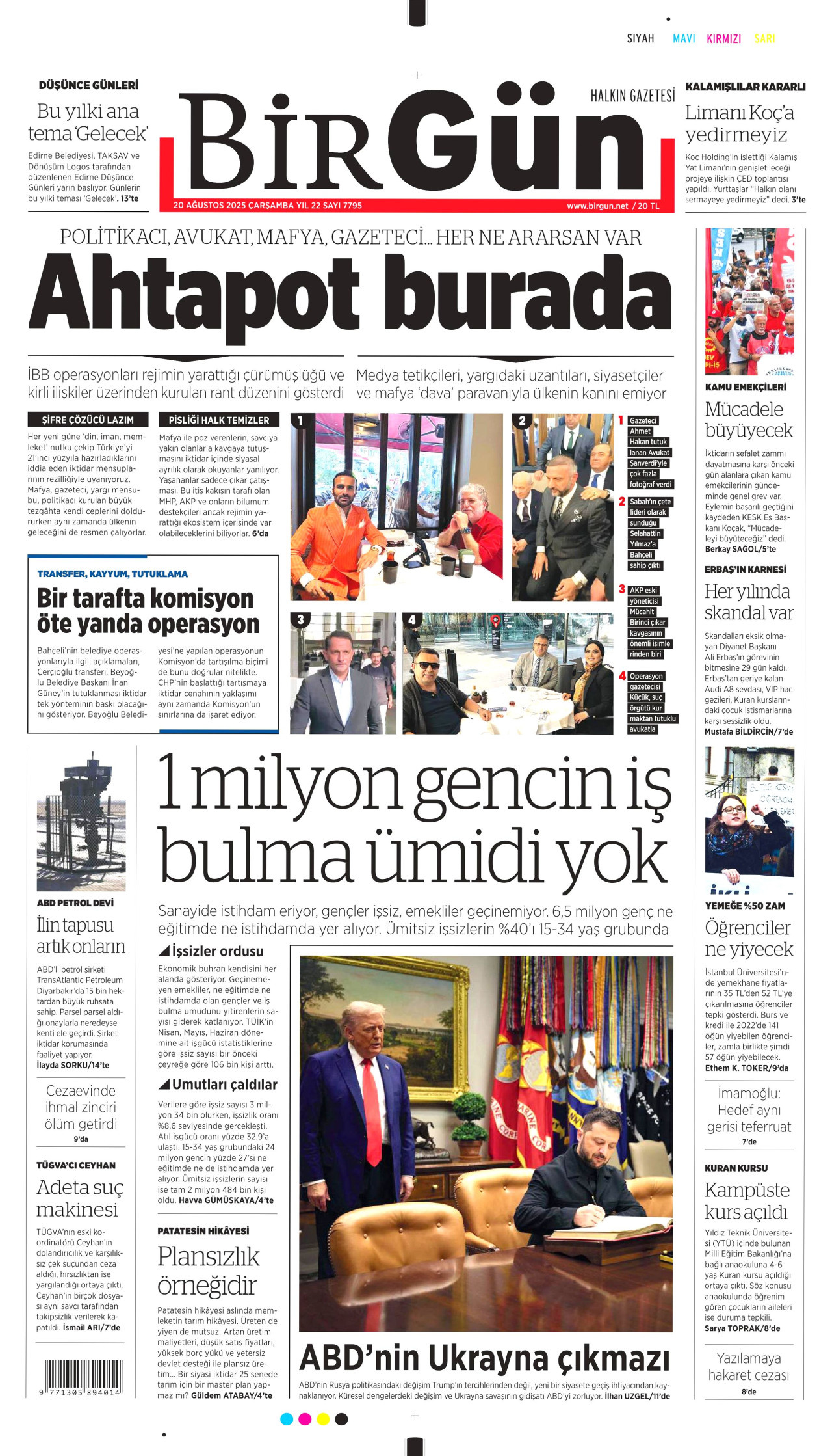 BİRGÜN gazetesinin 20 Ağustos 2025 tarihli birinci sayfası