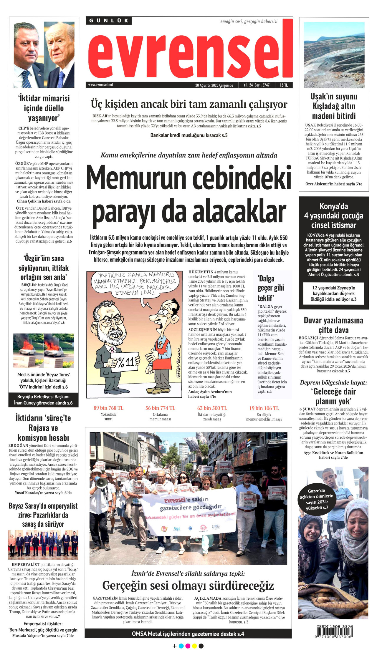 EVRENSEL gazetesinin 20 Ağustos 2025 tarihli birinci sayfası