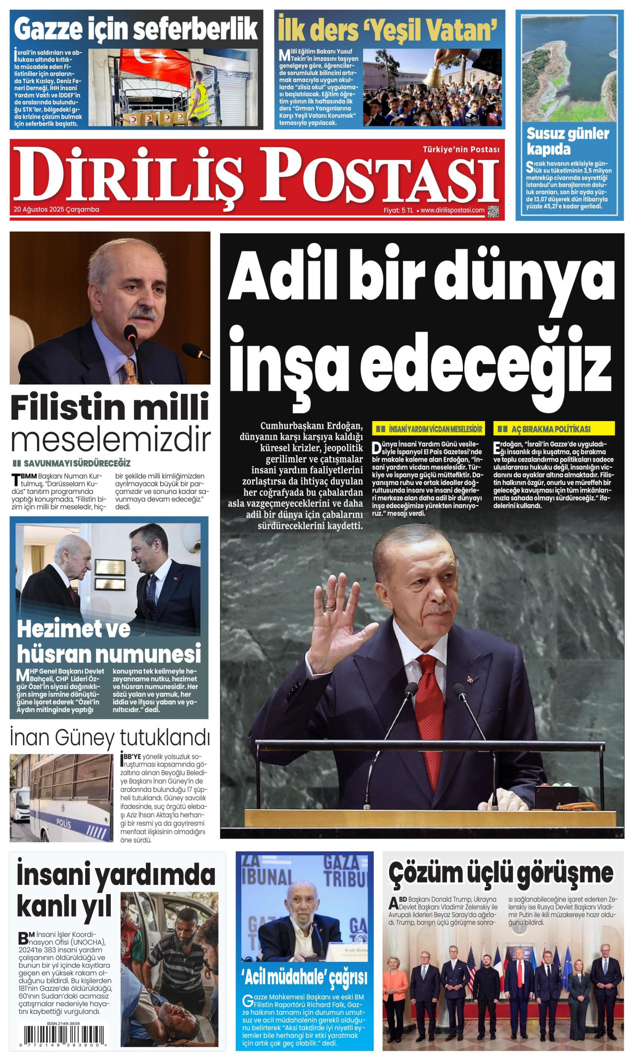 DİRİLİŞ POSTASI gazetesinin 20 Ağustos 2025 tarihli birinci sayfası