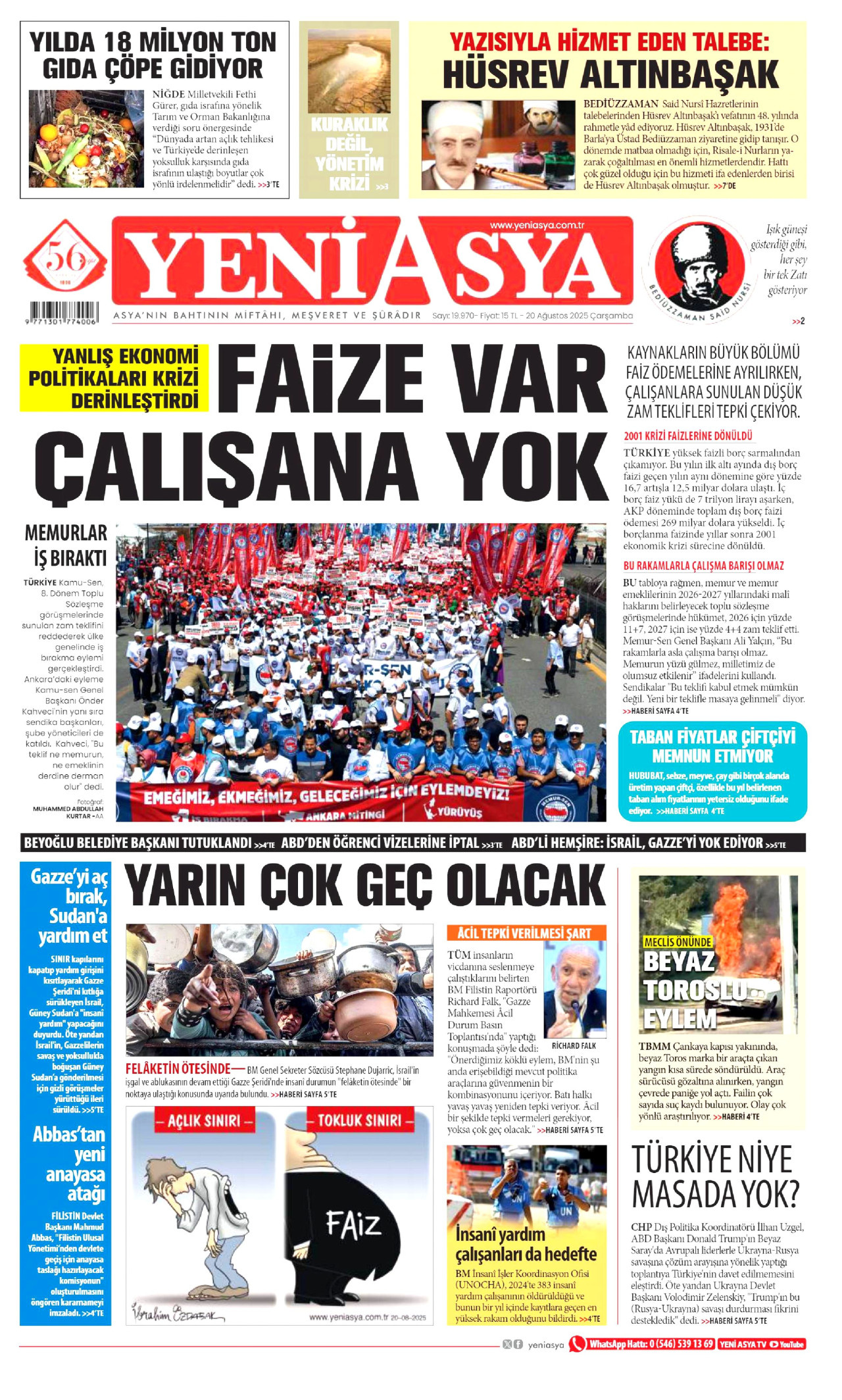 YENİ ASYA gazetesinin 20 Ağustos 2025 tarihli birinci sayfası