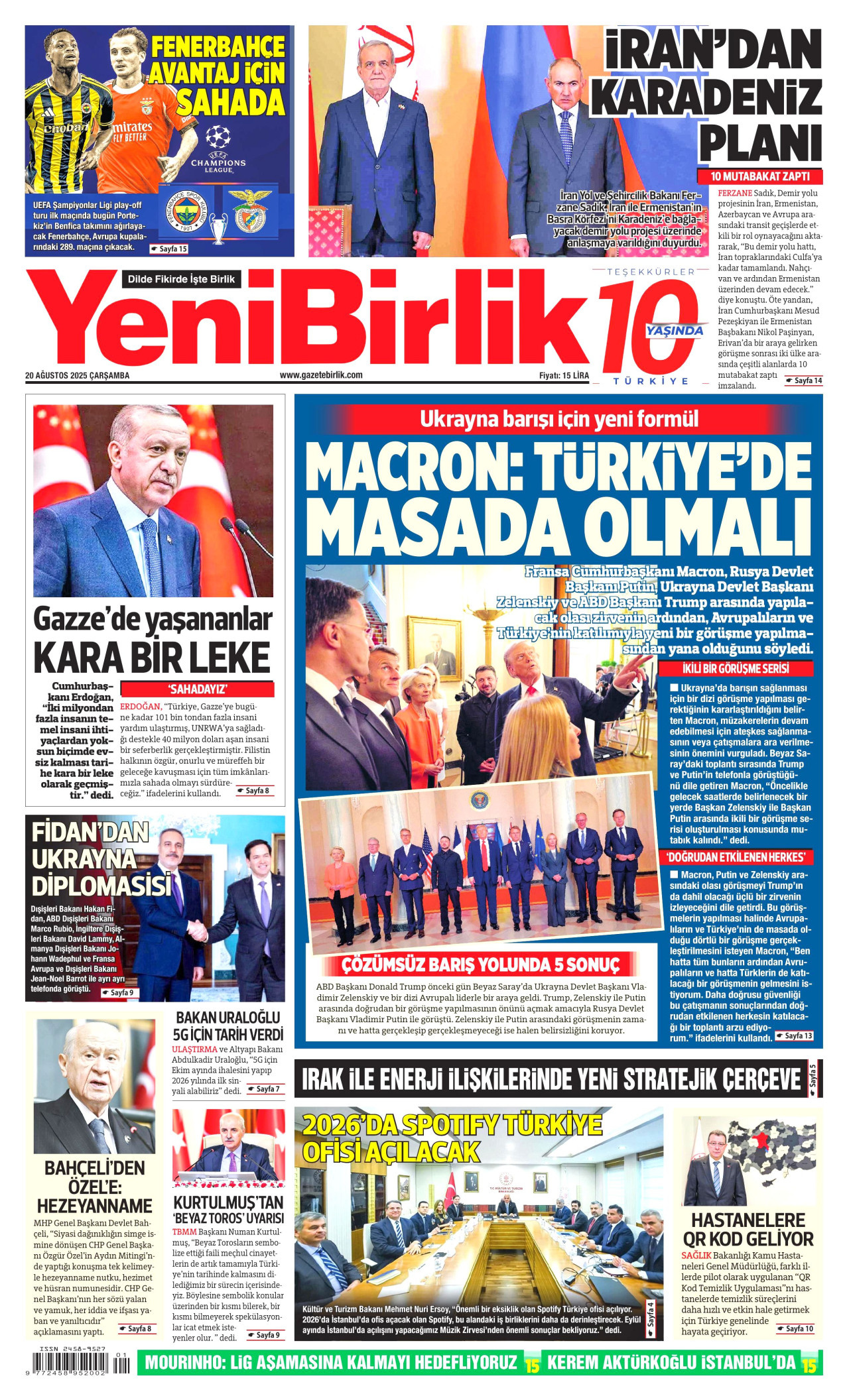 YENİBİRLİK gazetesinin 20 Ağustos 2025 tarihli birinci sayfası