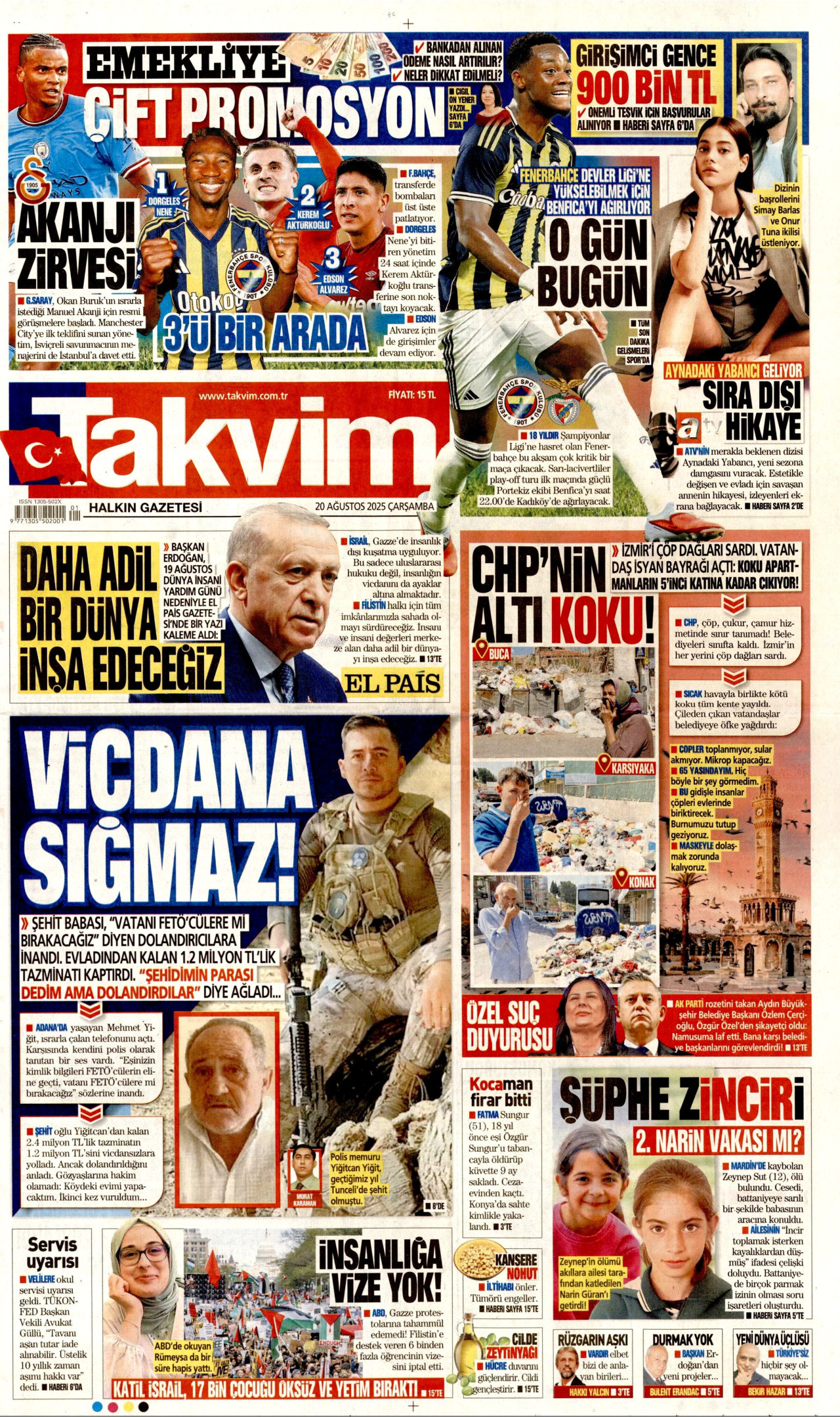TAKVİM gazetesinin 20 Ağustos 2025 tarihli birinci sayfası