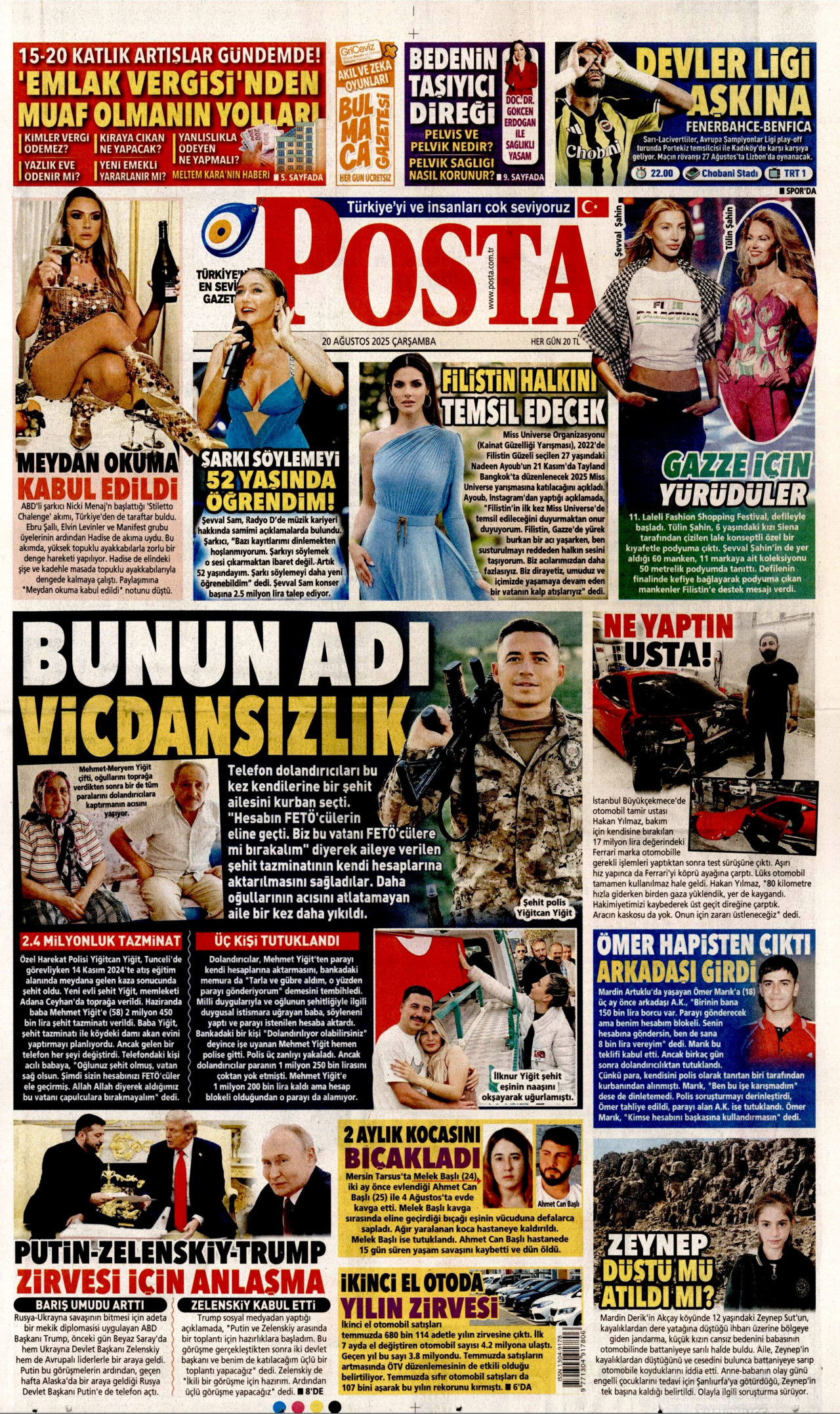 POSTA gazetesinin 20 Ağustos 2025 tarihli birinci sayfası
