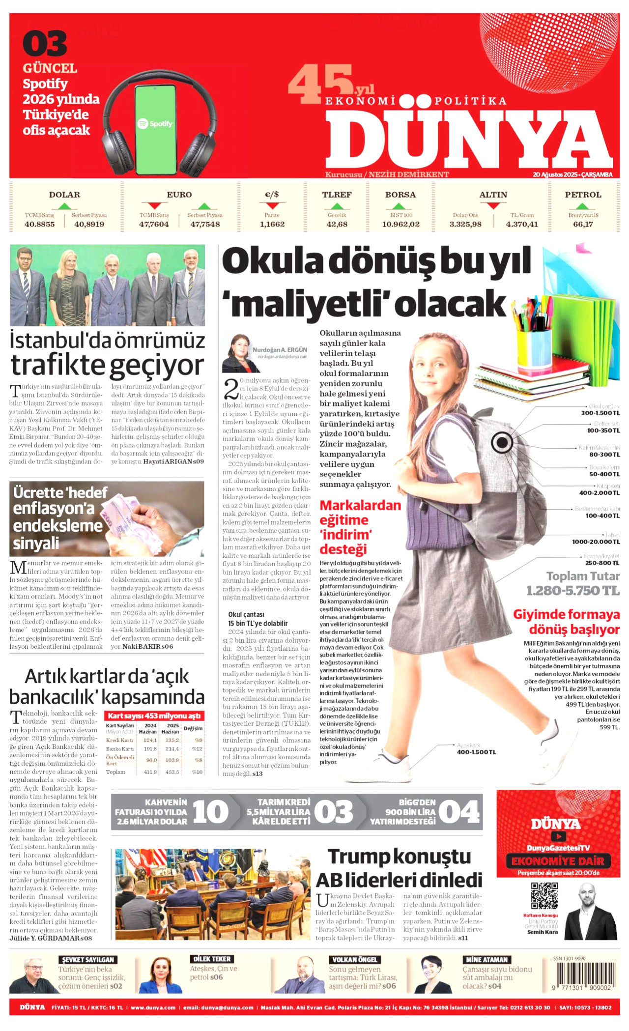 DÜNYA gazetesinin 20 Ağustos 2025 tarihli birinci sayfası