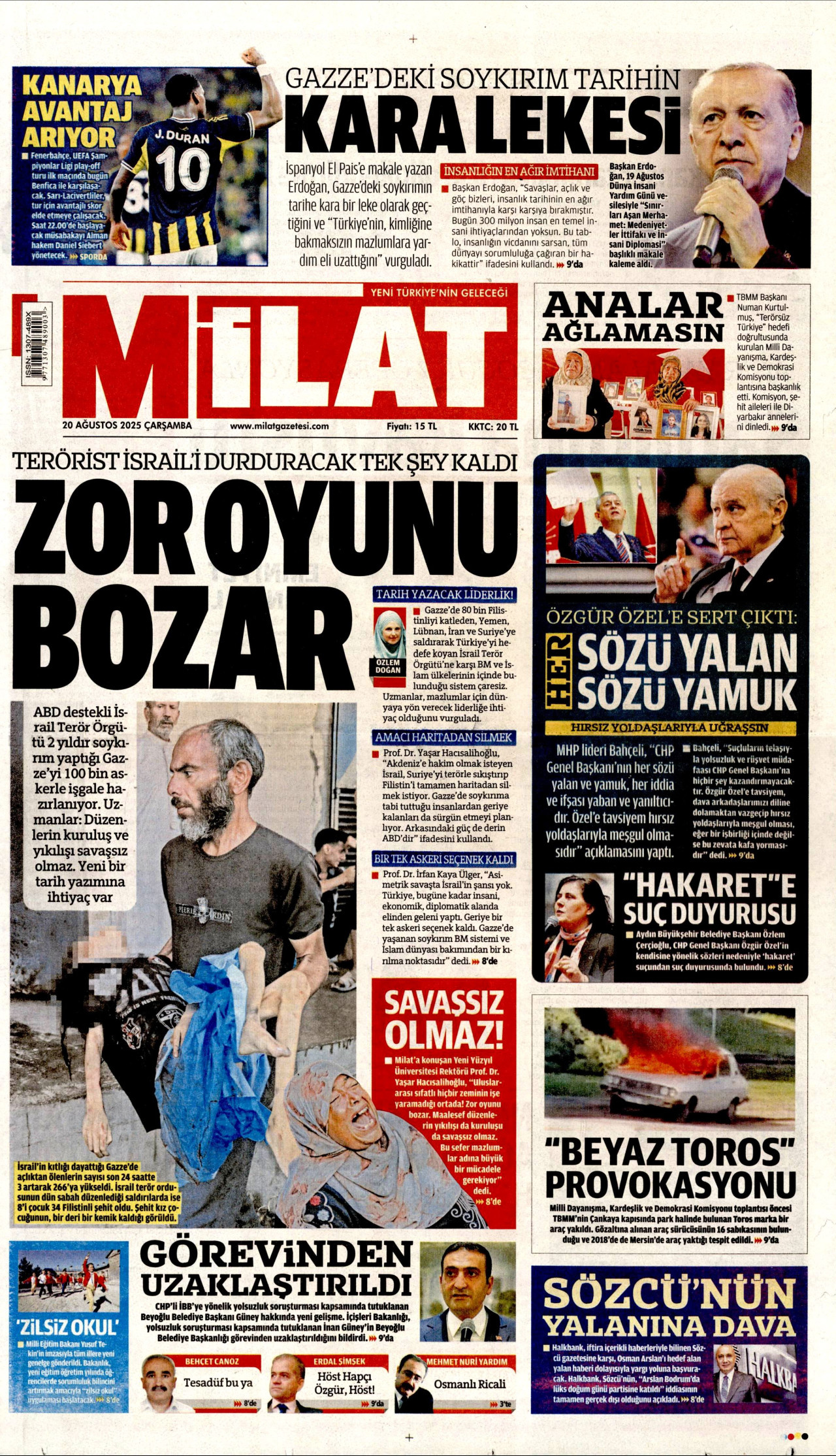 MİLAT gazetesinin 20 Ağustos 2025 tarihli birinci sayfası