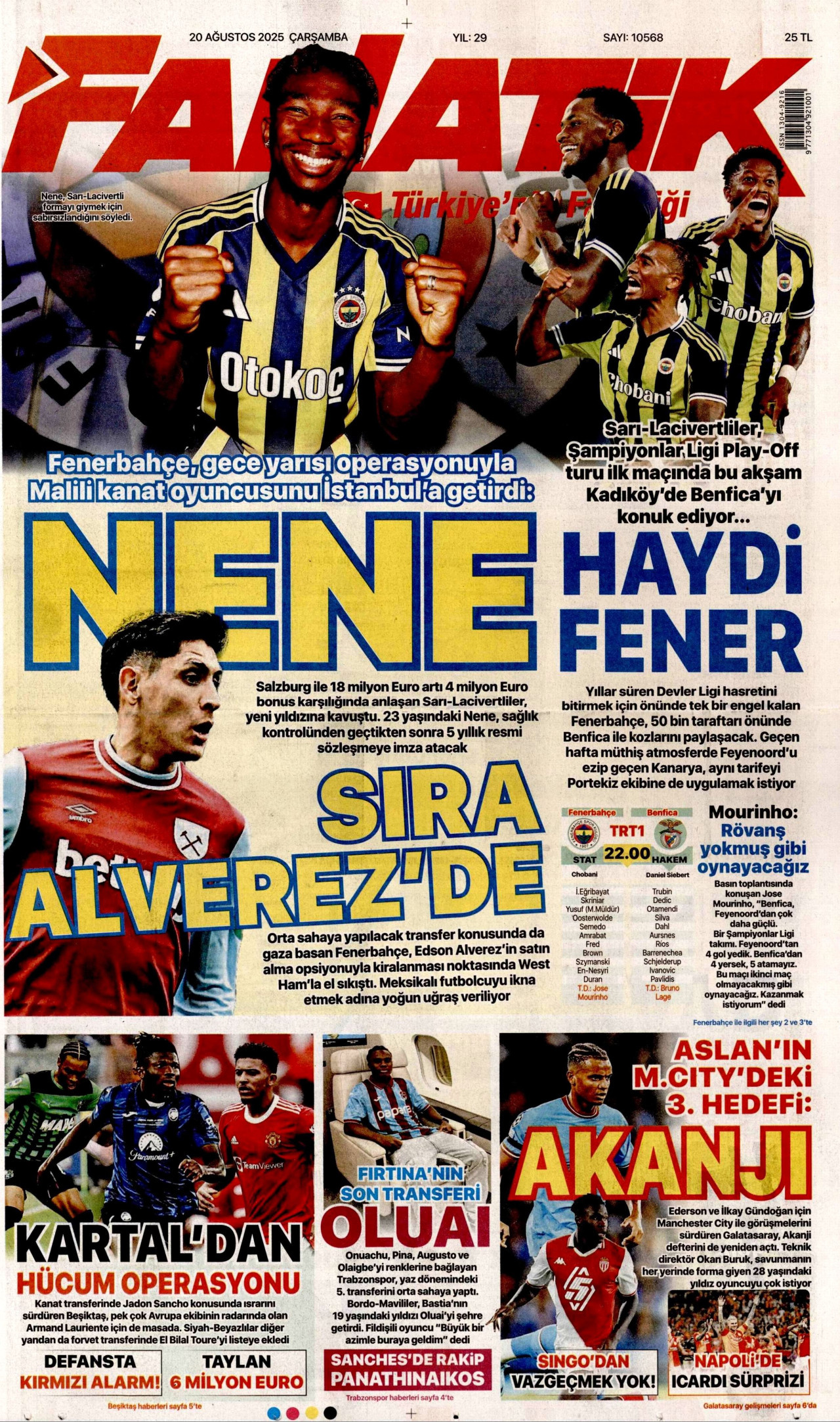 FANATİK gazetesinin 20 Ağustos 2025 tarihli birinci sayfası