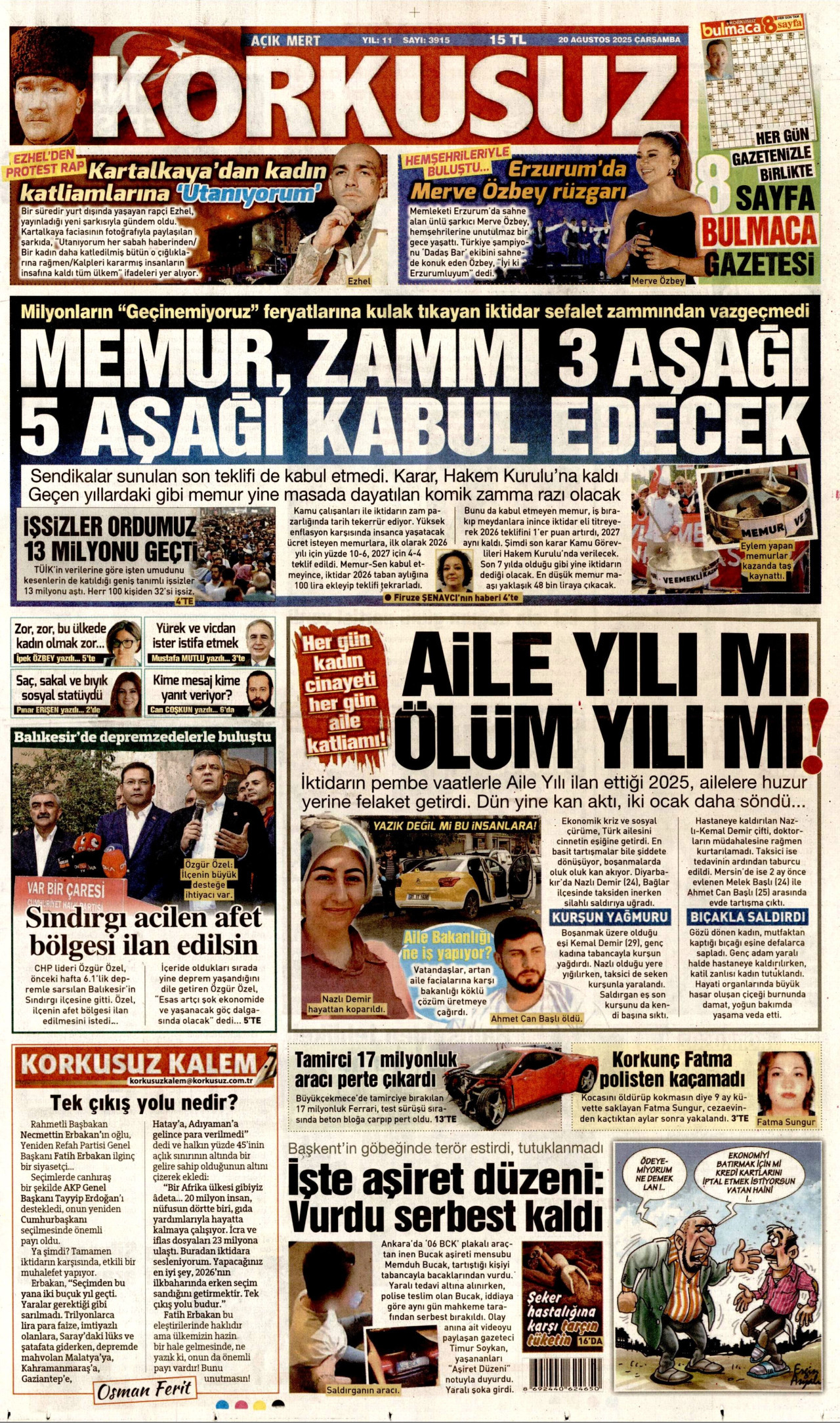KORKUSUZ gazetesinin 20 Ağustos 2025 tarihli birinci sayfası