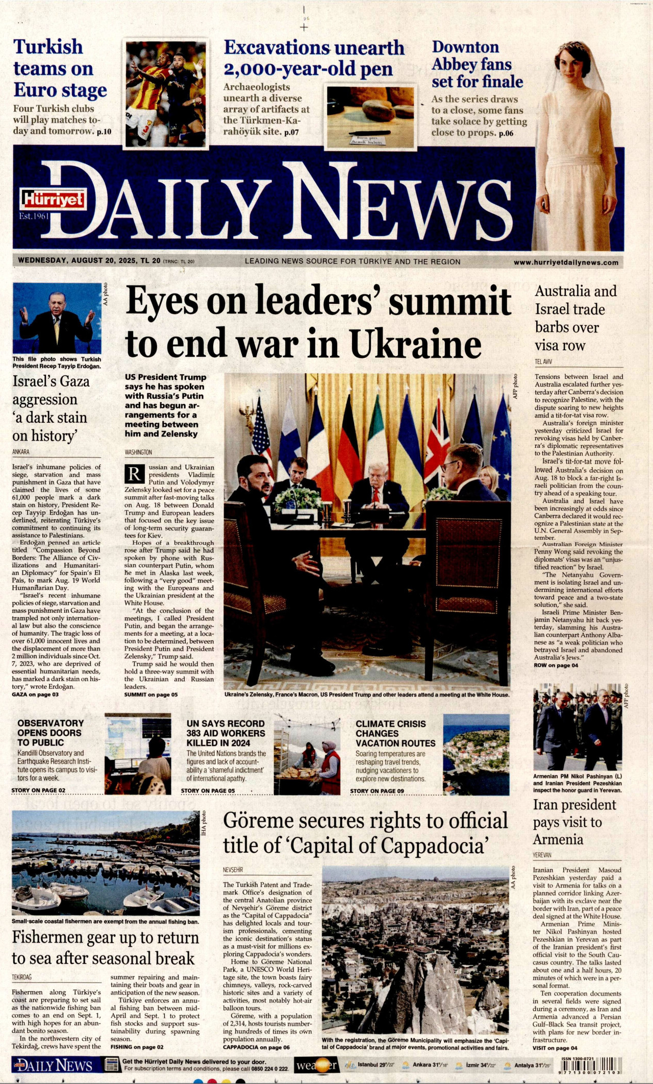 HÜRRİYET DAİLY NEWS gazetesinin 20 Ağustos 2025 tarihli birinci sayfası