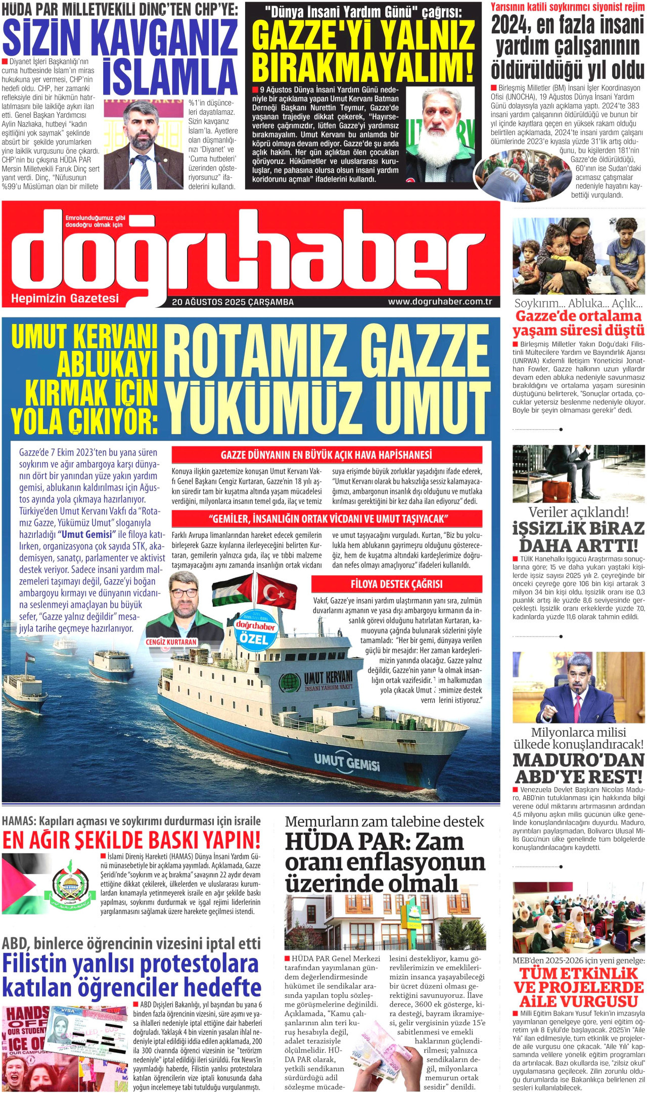 DOĞRU HABER gazetesinin 20 Ağustos 2025 tarihli birinci sayfası