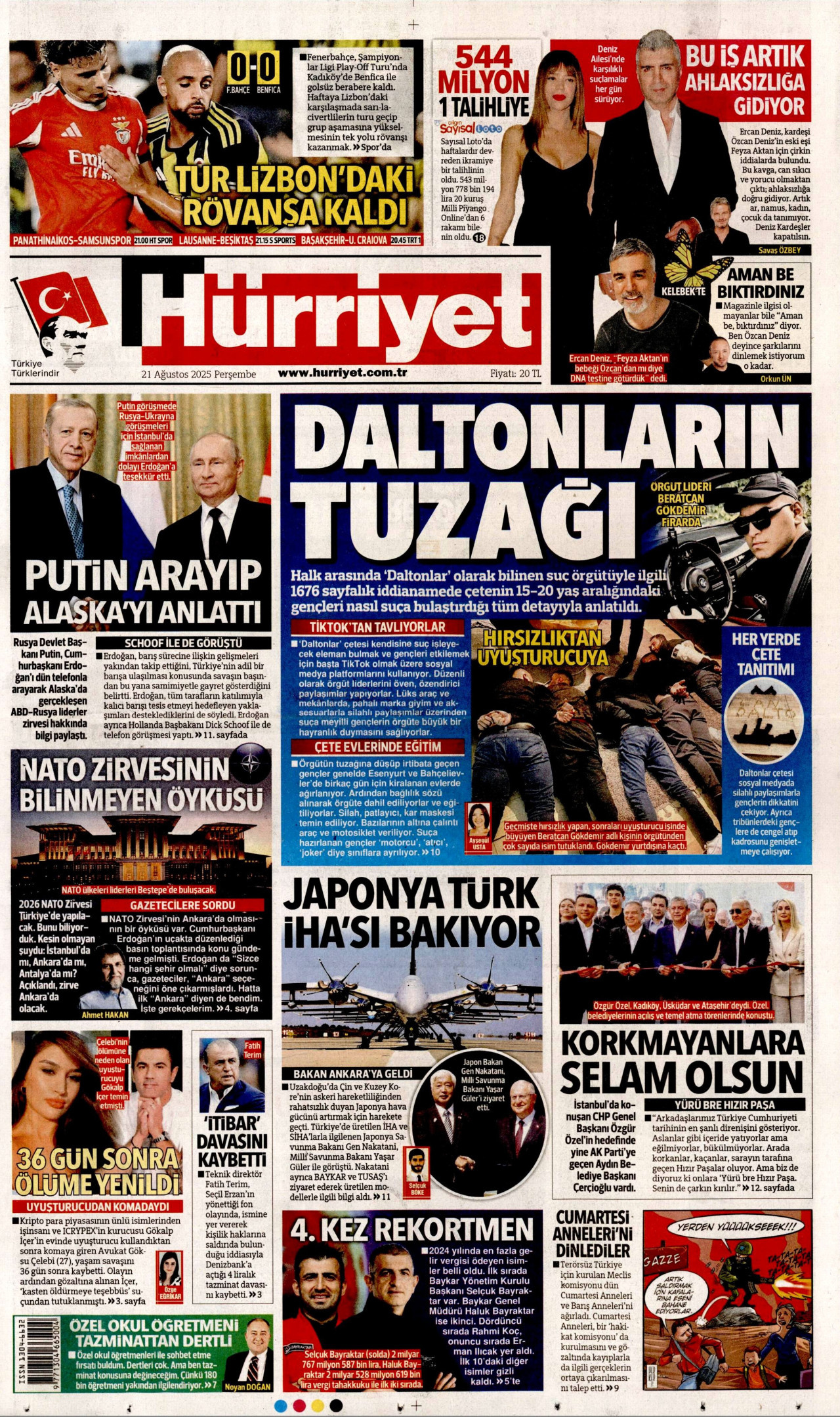 HÜRRİYET gazetesinin 21 Ağustos 2025 tarihli birinci sayfası