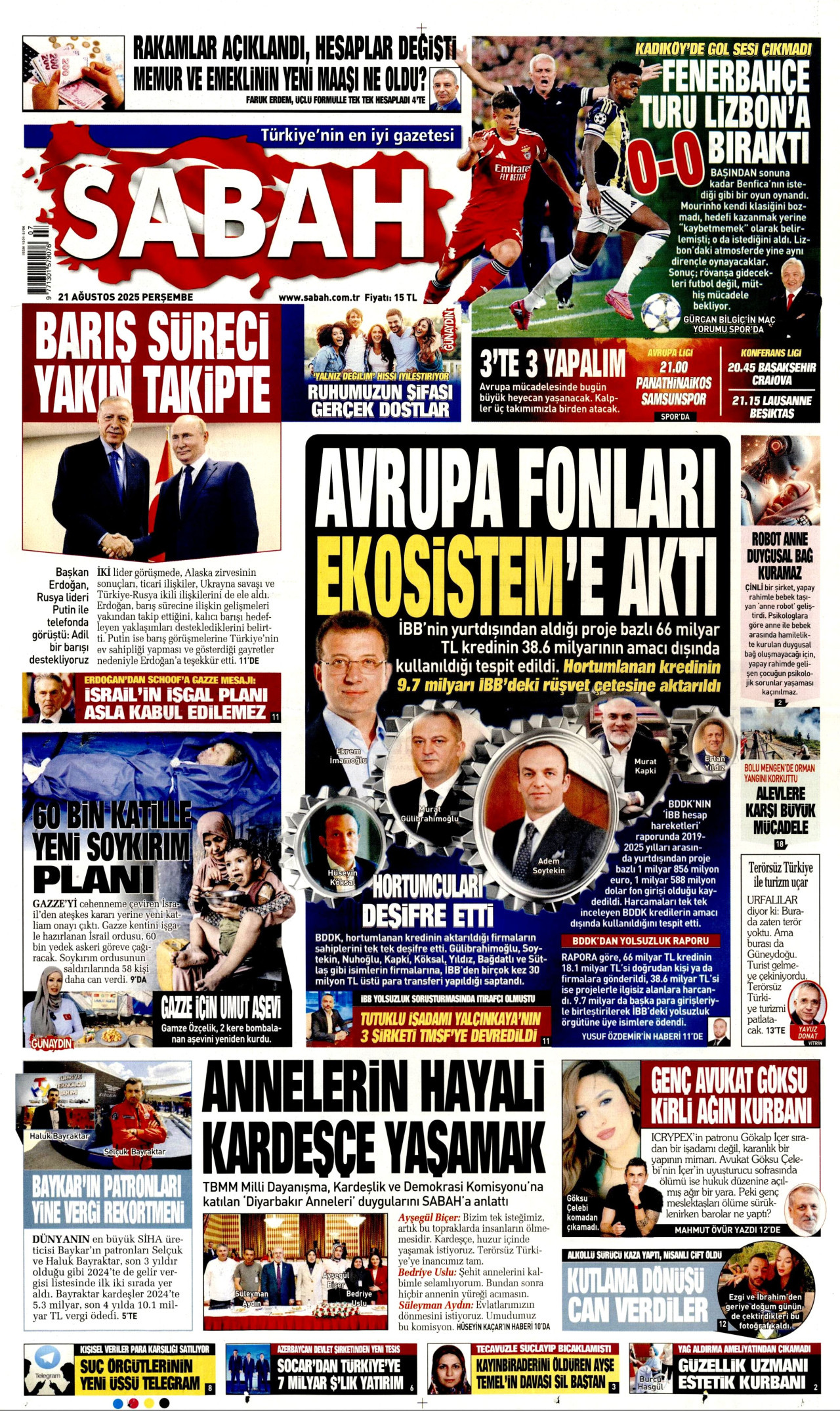 SABAH gazetesinin 21 Ağustos 2025 tarihli birinci sayfası