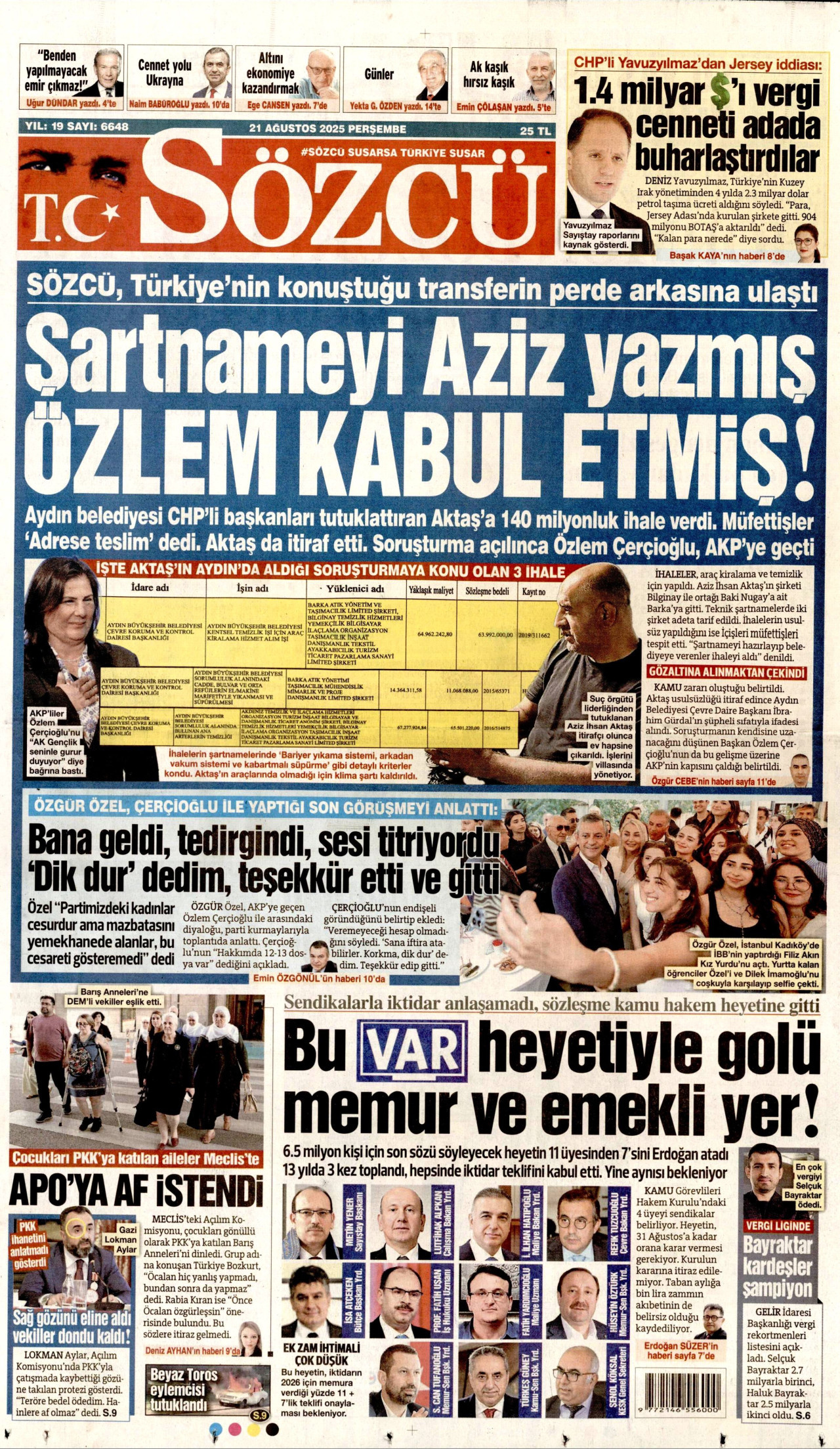 SÖZCÜ gazetesinin 21 Ağustos 2025 tarihli birinci sayfası
