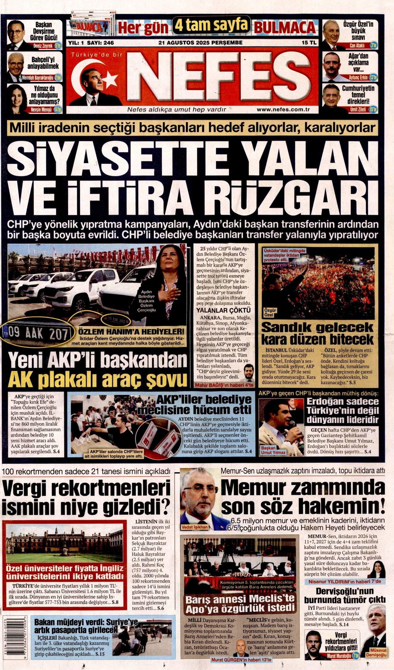 NEFES gazetesinin 21 Ağustos 2025 tarihli birinci sayfası