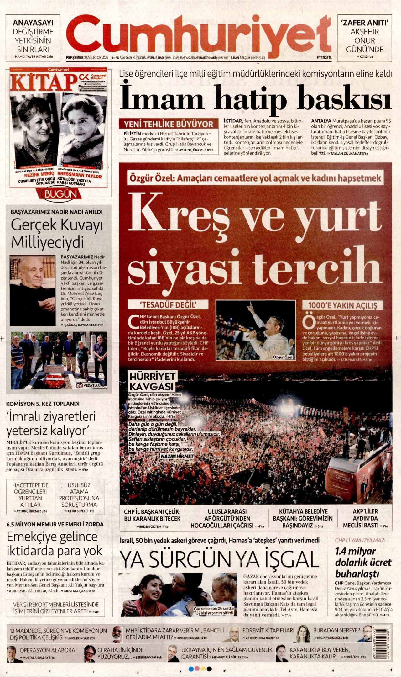 CUMHURİYET gazetesinin 21 Ağustos 2025 tarihli birinci sayfası