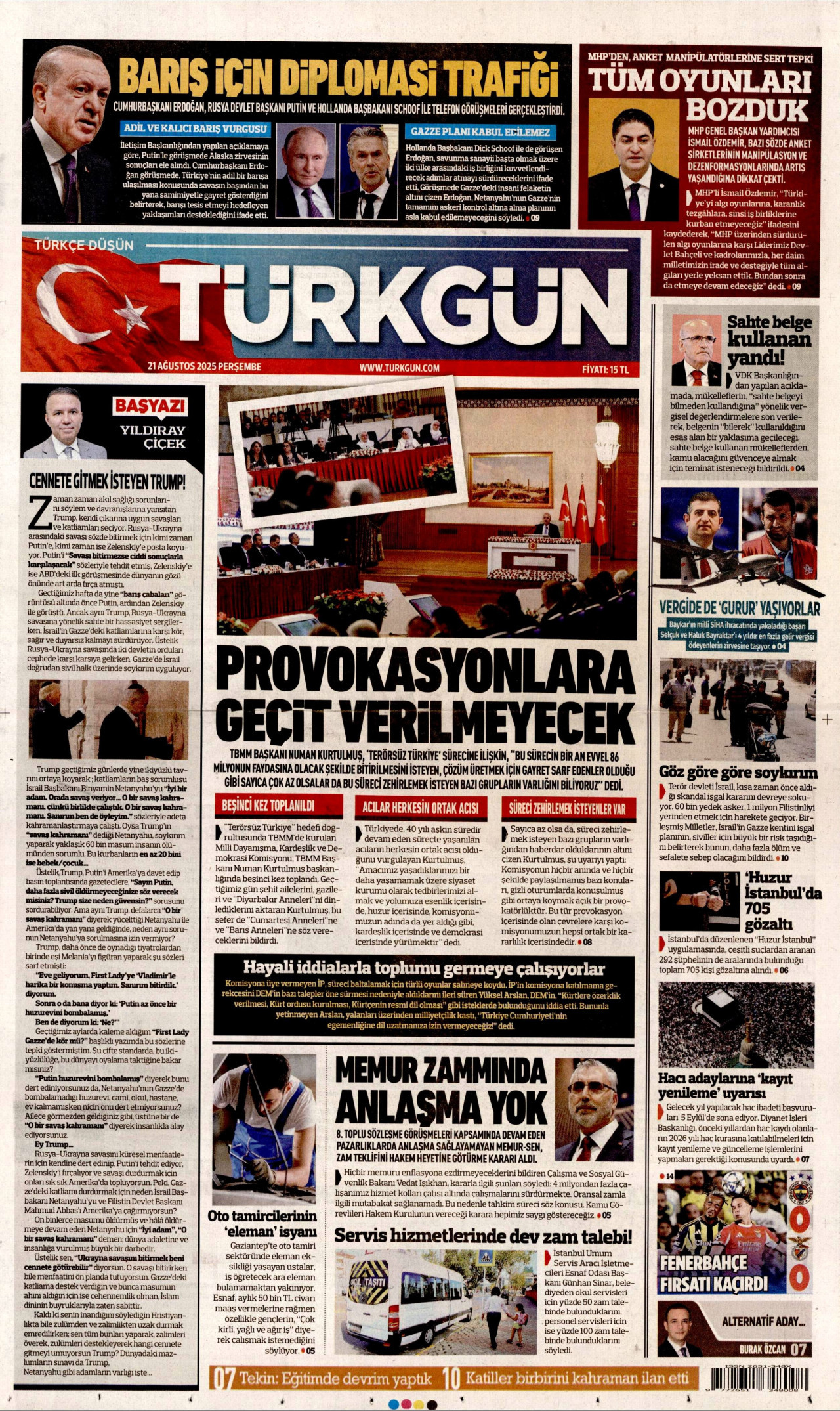 TÜRKGÜN gazetesinin 21 Ağustos 2025 tarihli birinci sayfası