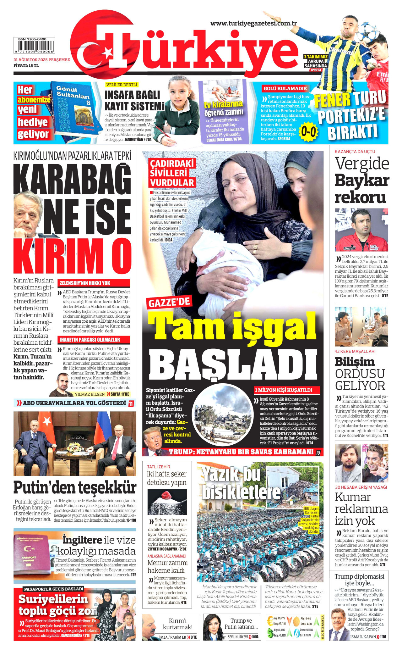 TÜRKİYE GAZETESİ gazetesinin 21 Ağustos 2025 tarihli birinci sayfası
