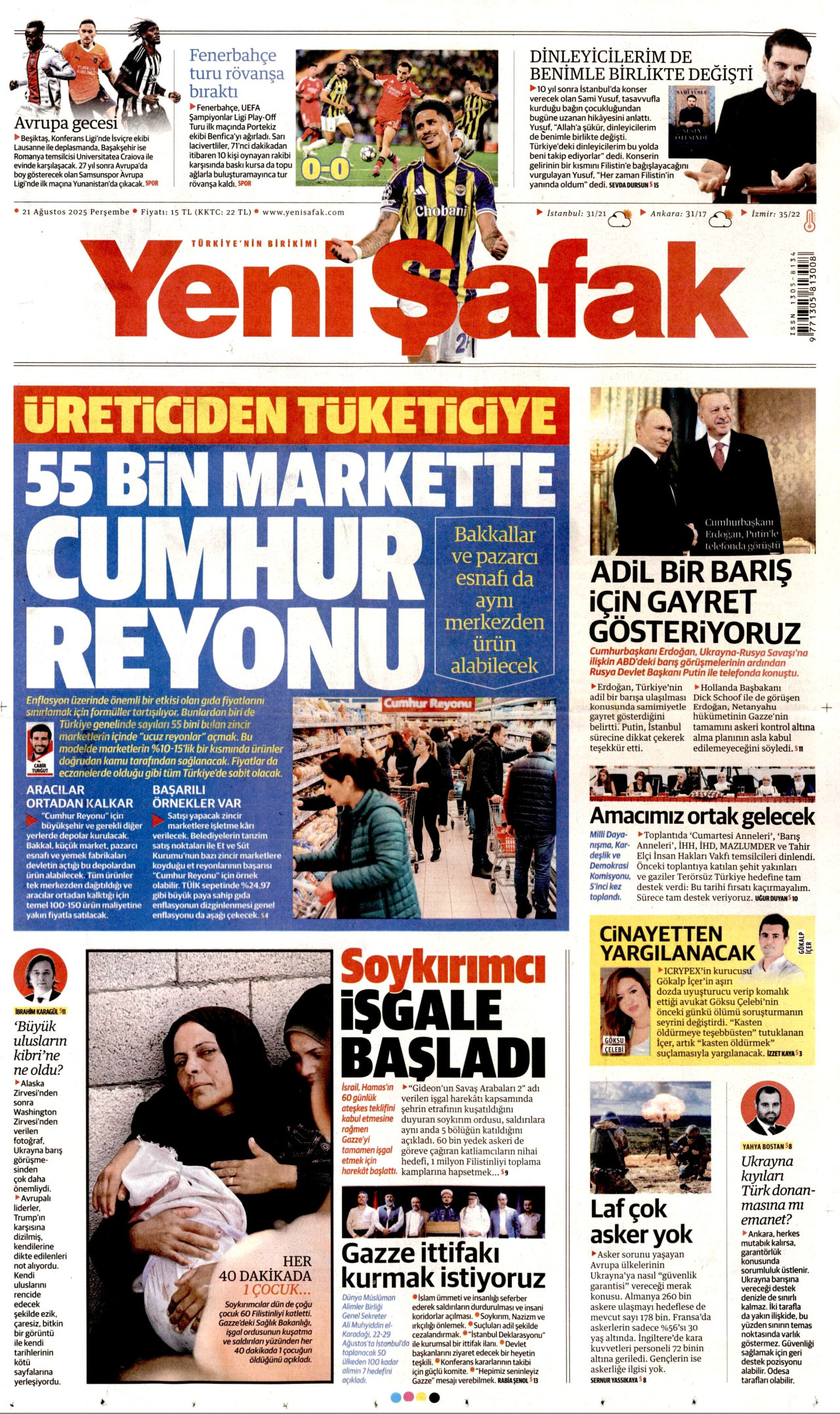 YENİ ŞAFAK gazetesinin 21 Ağustos 2025 tarihli birinci sayfası