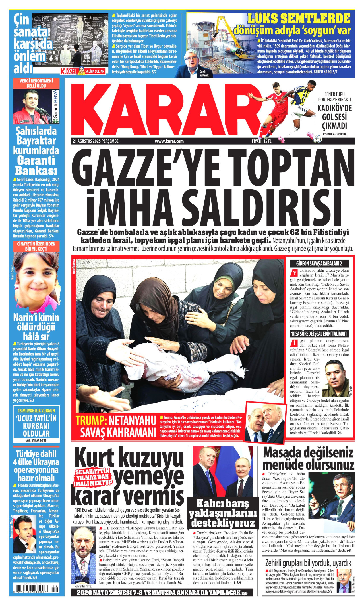 KARAR gazetesinin 21 Ağustos 2025 tarihli birinci sayfası